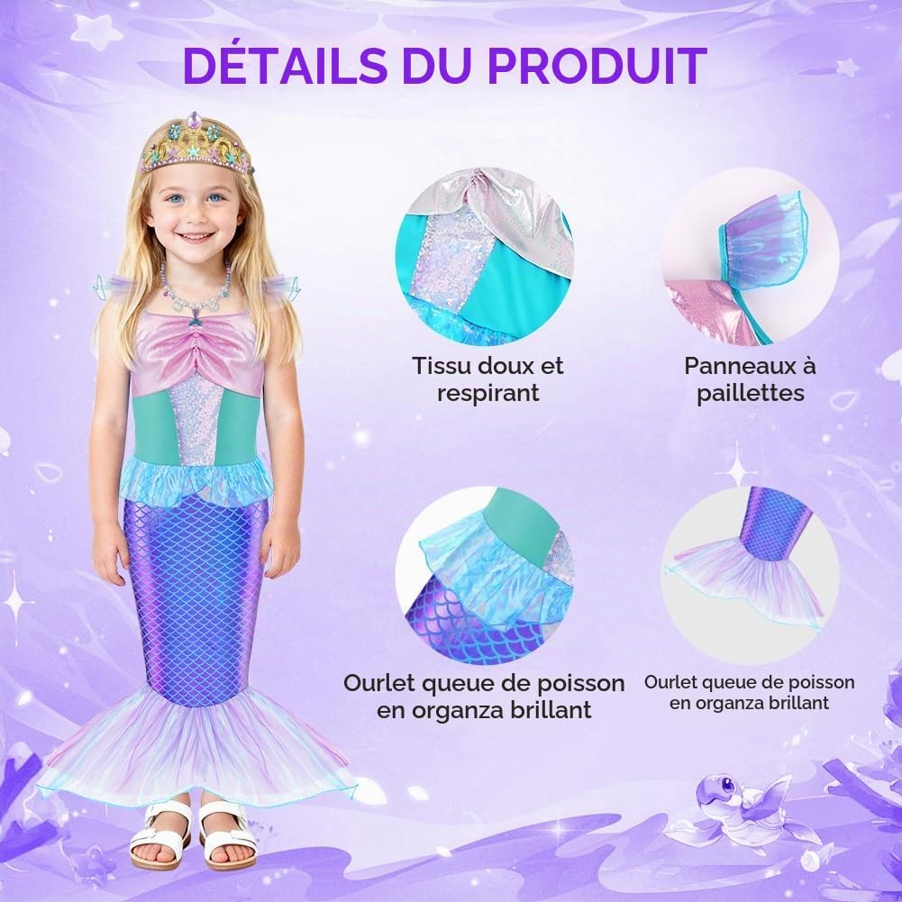 Detalle de AOOWU zeemeerminnenkostuum voor meisjes met tule en accessoires
