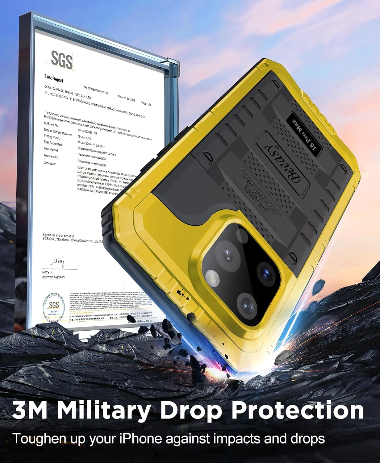 Detalle 2 de Beeasy Robust Series: iPhone 15 Pro Max Case with Waterproof Heavy-Duty Shield (Yellow)