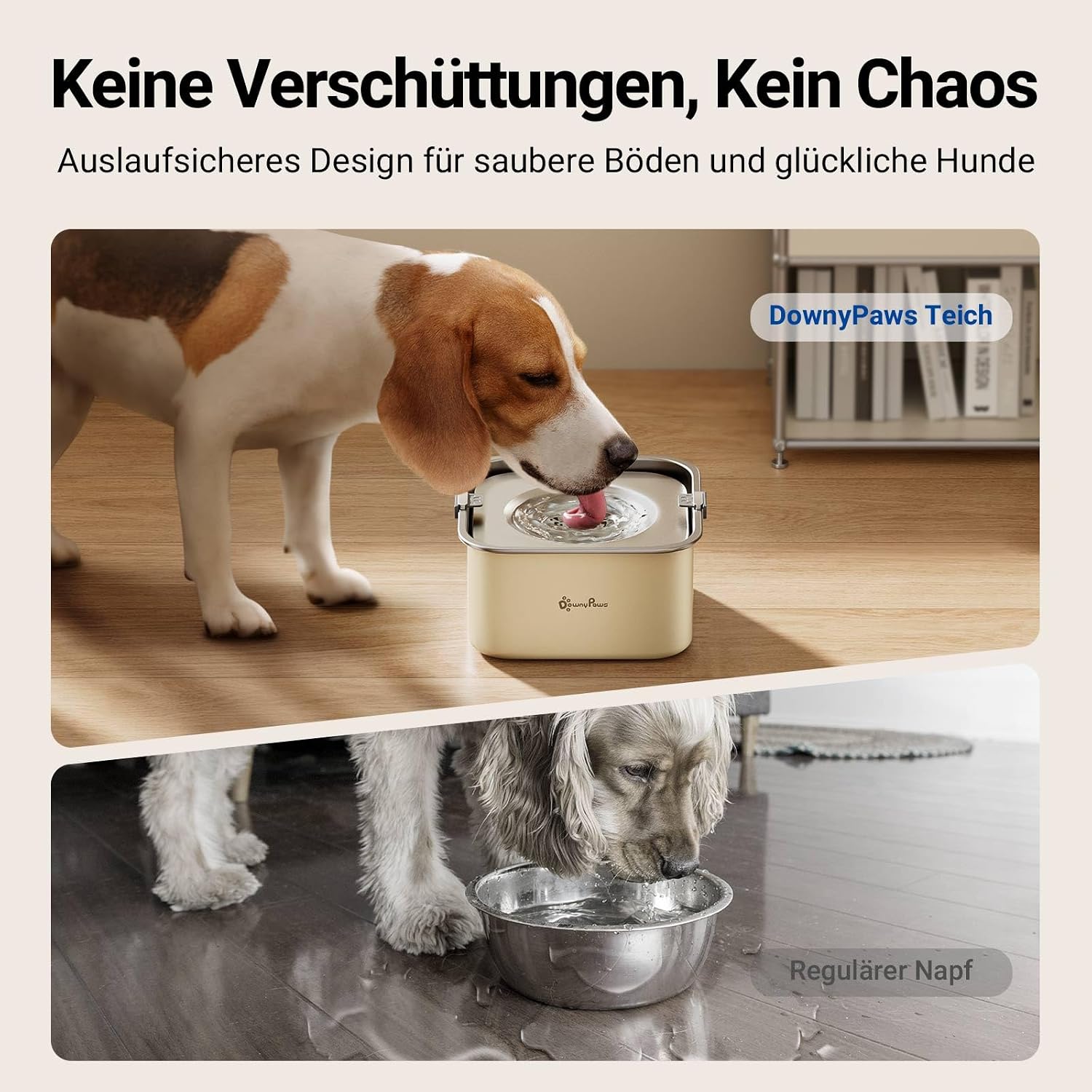 Detalle de DownyPaws Wassernapf für Hunde (ohne Sabbern), 3 L, Anti-Verschluck-Wasser, 304 Edelstahl – beige