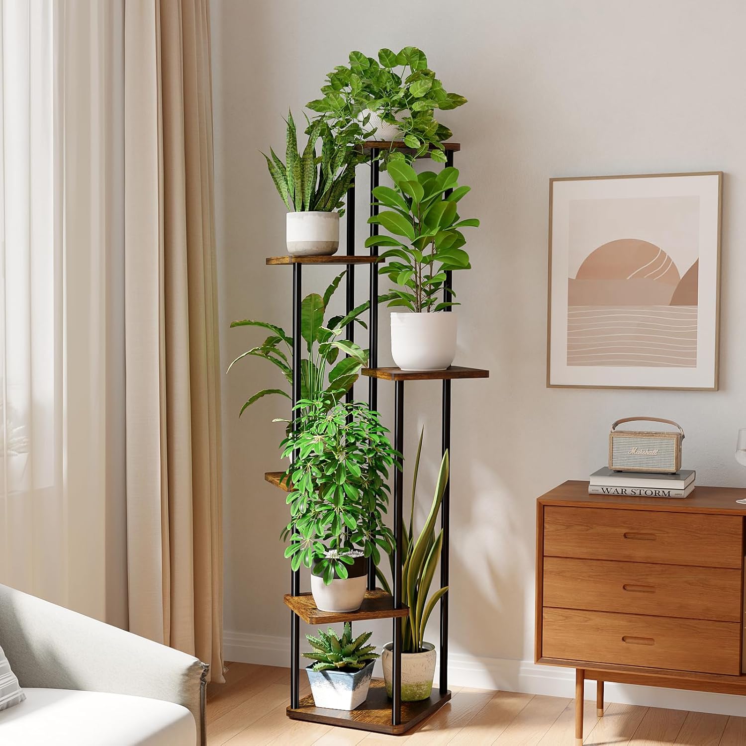 Detalle de Bamworld 6‑stöckiger Pflanzenständer aus Metall mit Holztabletts (Outdoor/Balkon, braun)