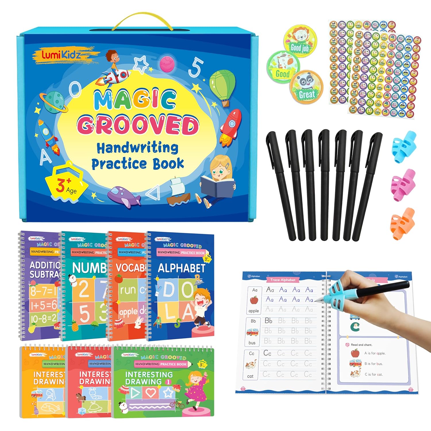 Detalle de Lumikidz Magic Grooved Writing Practice Set (Reusable Grooved Books + Magic Pens) for Kids Ages 3–5