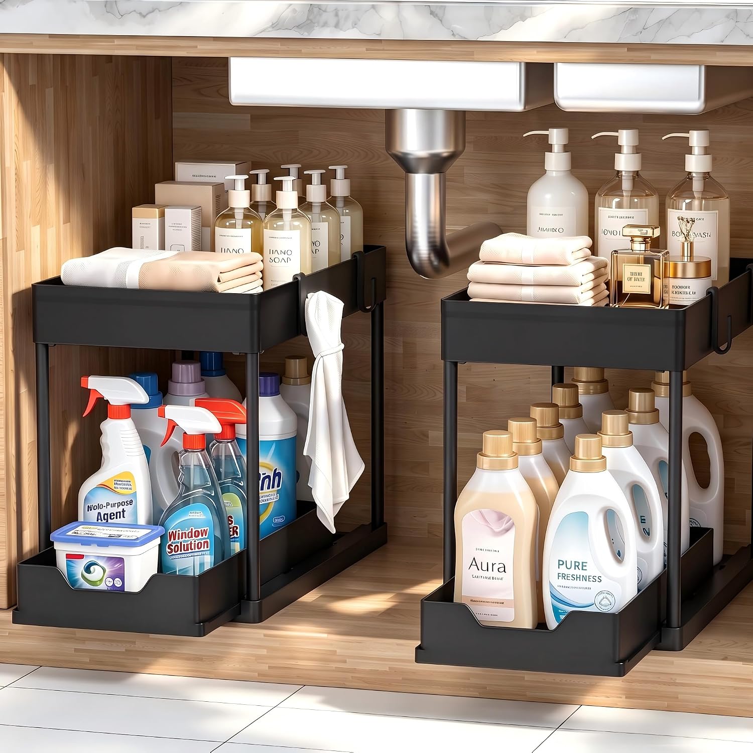 Detalle de DEKAVA ORGER-2 Under-Sink Organizer, 2-Tier Sliding Baskets, Black, 2-Pack