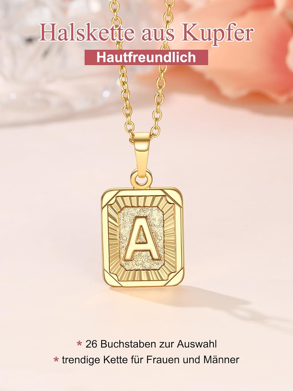 Detalle de FOCALOOK Buchstaben Kette Damen mit Rechteck Anhänger – Namenskette, Gold oder Weiß