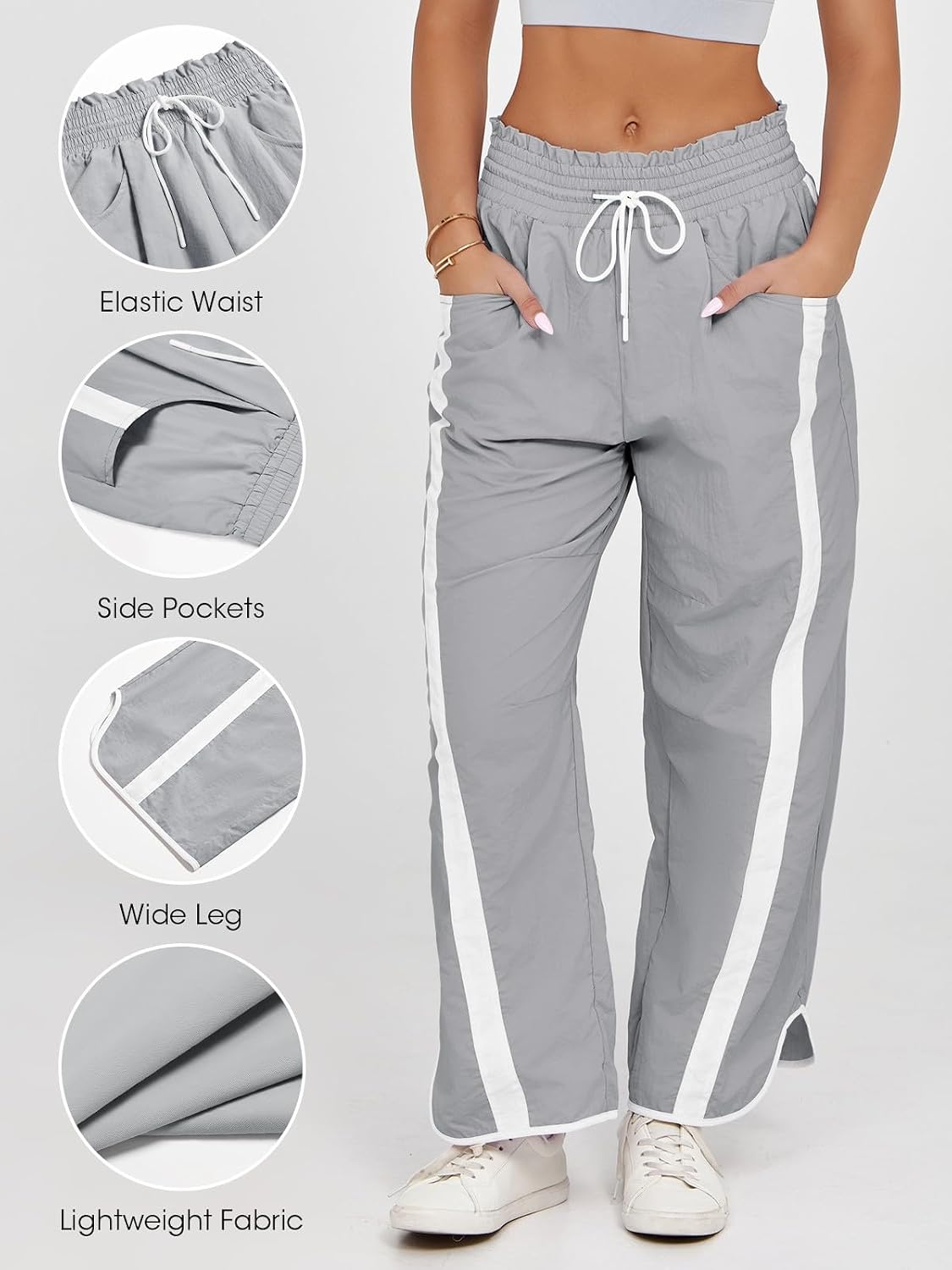 Thumbnail 2 de Fisoew Women's Baggy Wide Leg Pants with Drawstring Elastic Waist and Contrast Color Accents
