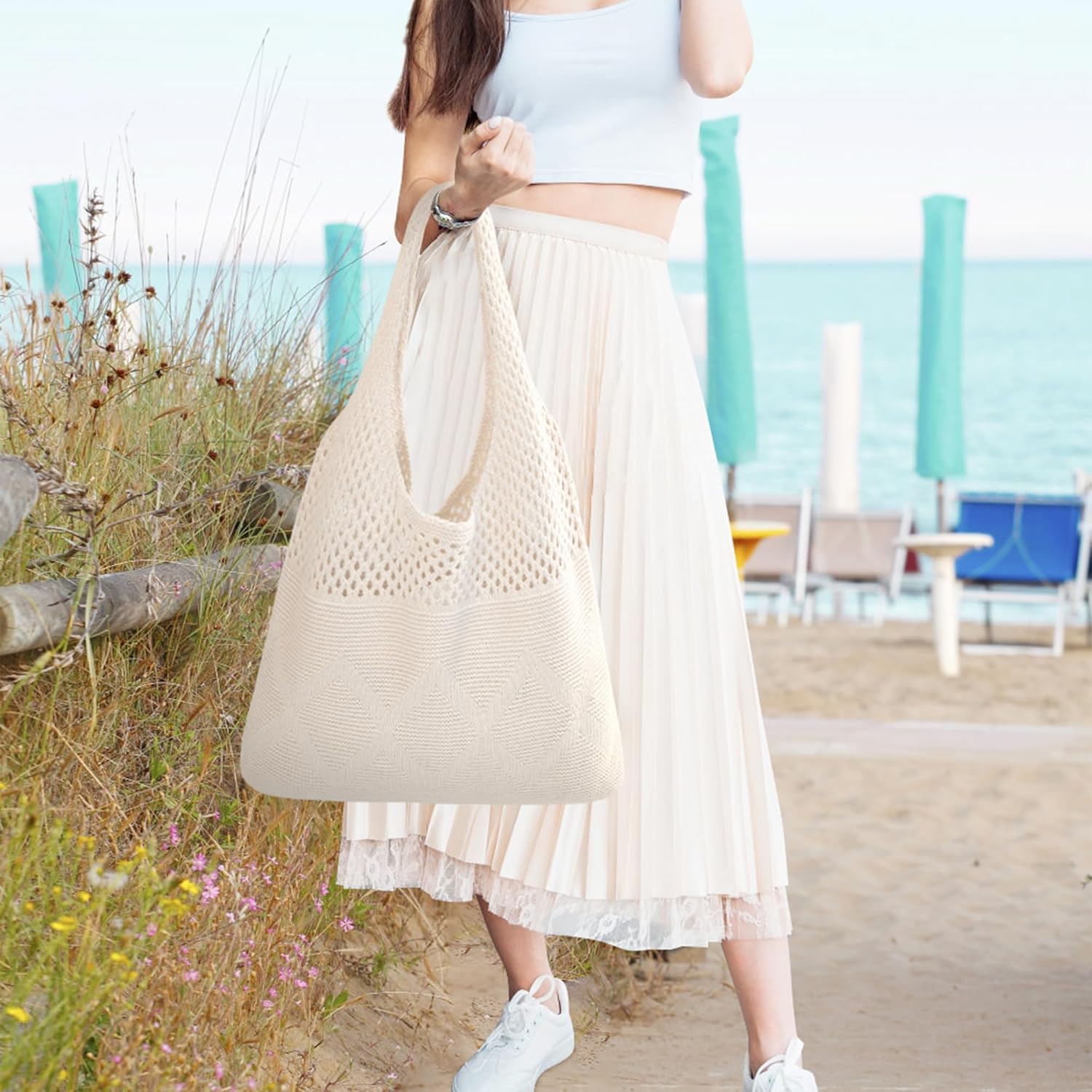 Thumbnail 1 de beifon Strandtasche Damen „Boho“ aus Strickmaschen – Mesh-Beachbag als Tote- und Umhängetasche