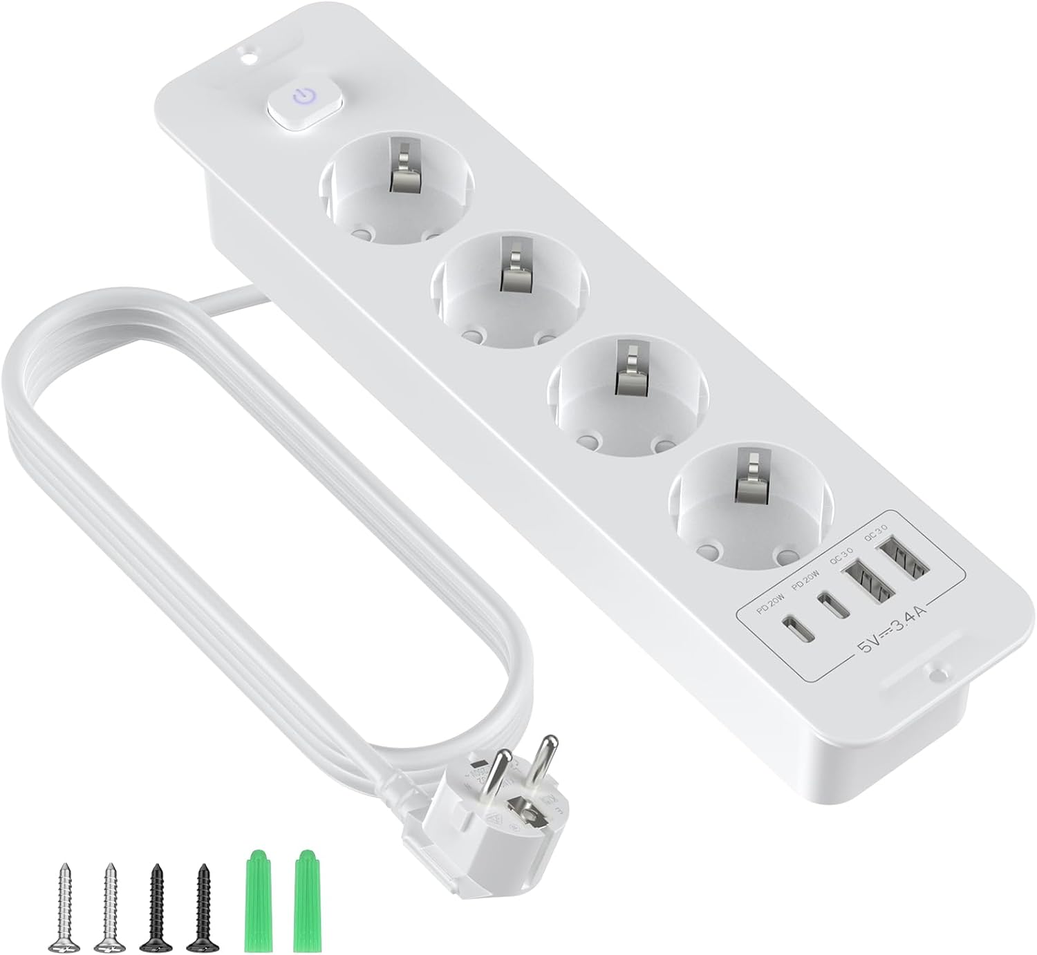 Detalle de PABANCE HS-FEX-4U-4K infällt bordsuttag med USB-A och USB-C, vitt
