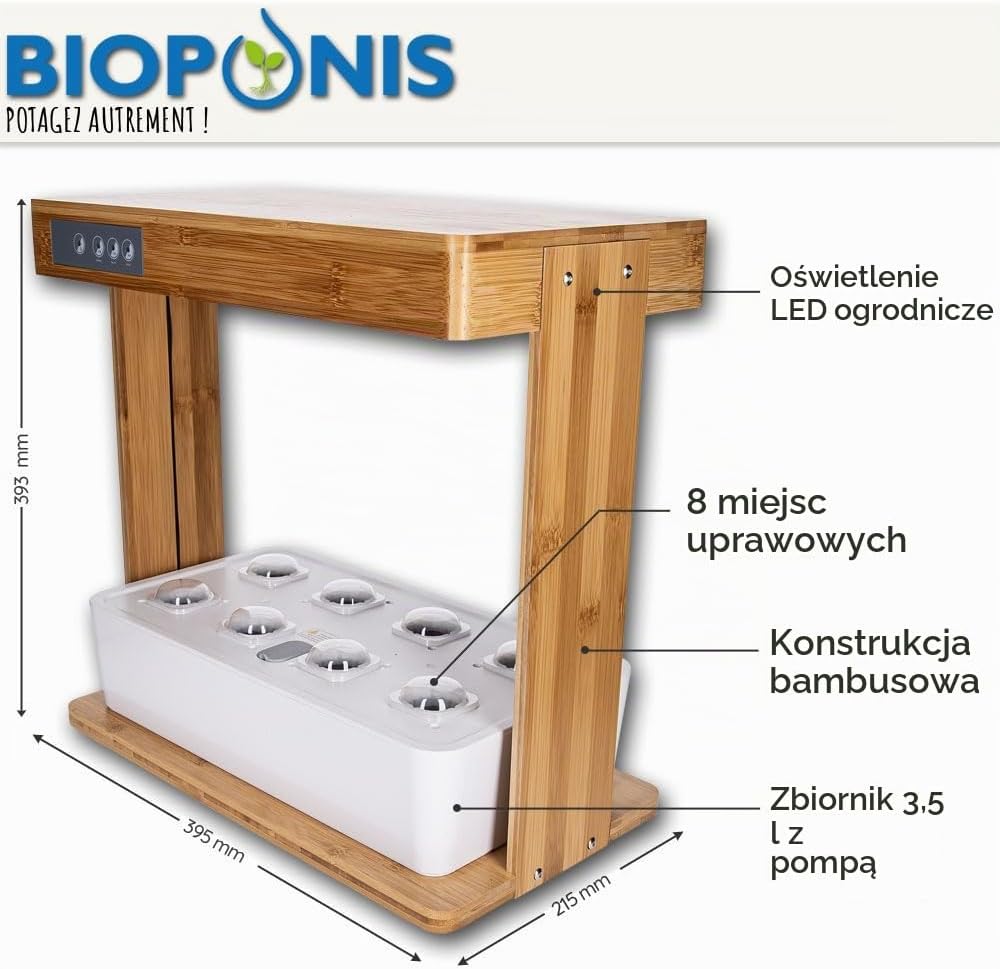 Detalle de Bioponis Bamboo 1 – hydroponiczny ogród do ziół, LED, bambus, 8 miejsc