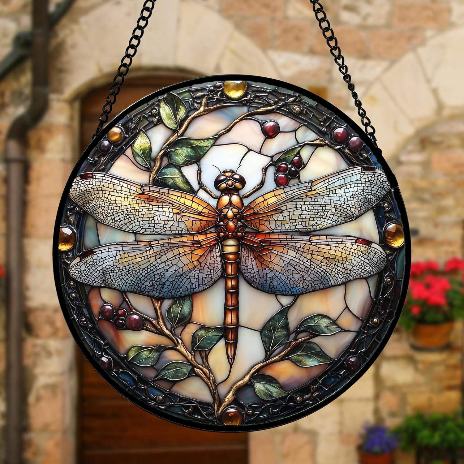 Detalle 2 de DASTOLL Dragonfly Stained Glass Suncatcher, 9.8-Inch Hanging Window Decor
