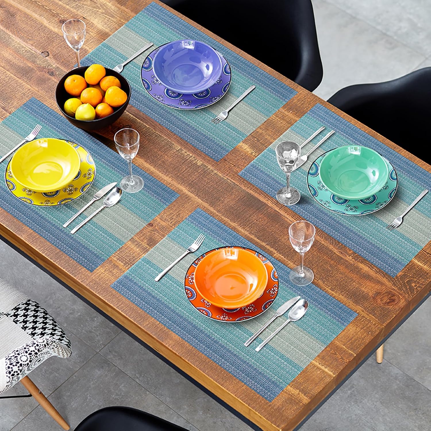 Detalle de ADRIMER Blue-Striped Vinyl Placemats, Set of 8, Wipeable and Heat-Resistant