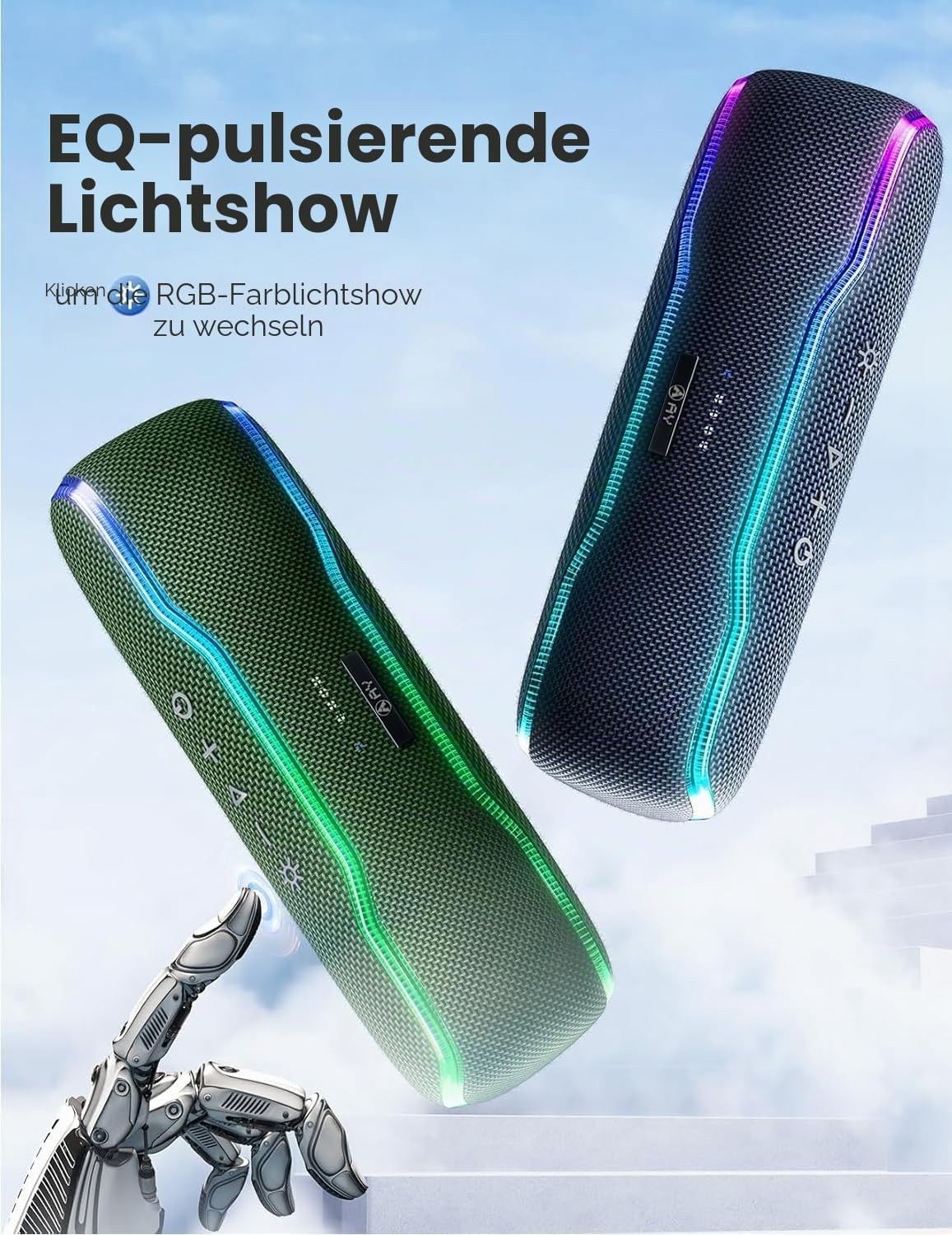 Detalle de AY Bluetooth Lautsprecher Musikbox – IPX7, 25 W, Dual Pairing, 24 h Akku, mit bunten Lichtern