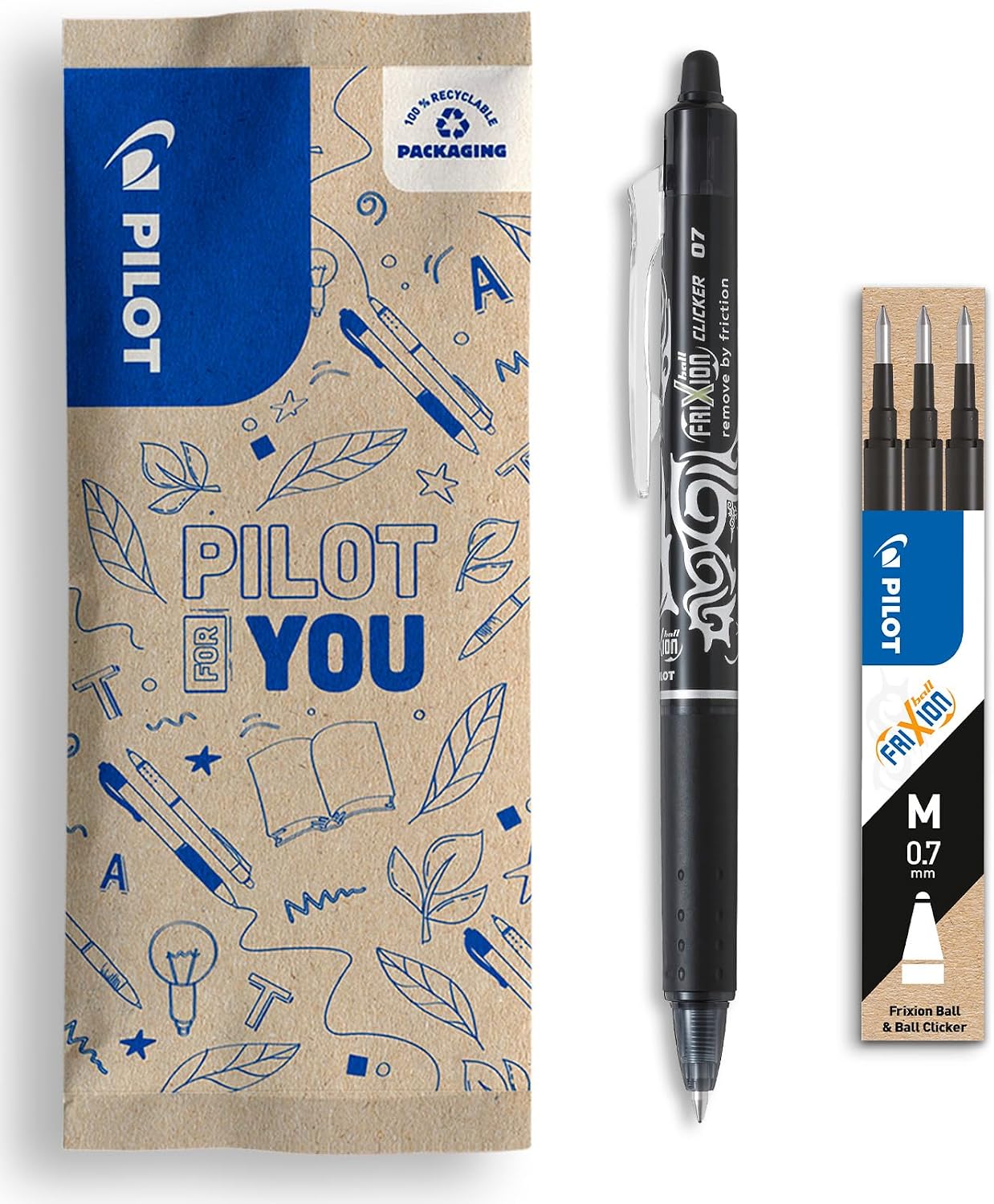 Pilot FriXion Ball Clicker Erasable Rollerball Pen Set (0.7mm) with 3 Refills