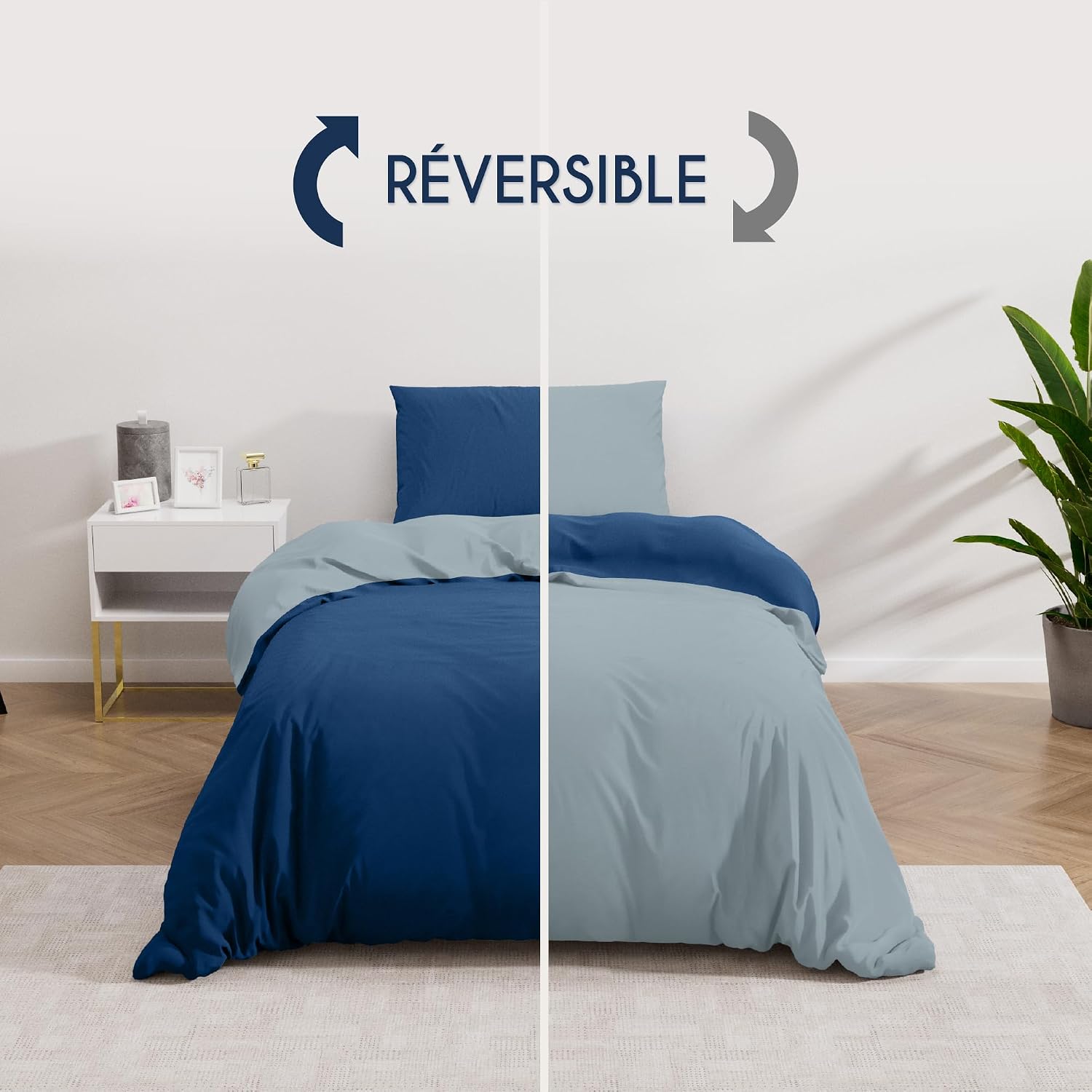 Thumbnail 3 de Dreamzie Housse de Couette 140x200 cm avec Taie Oreiller 65x65 cm – Bleu Foncé/Bleu Gris, Microfibre 100% brossée, Oeko-Tex