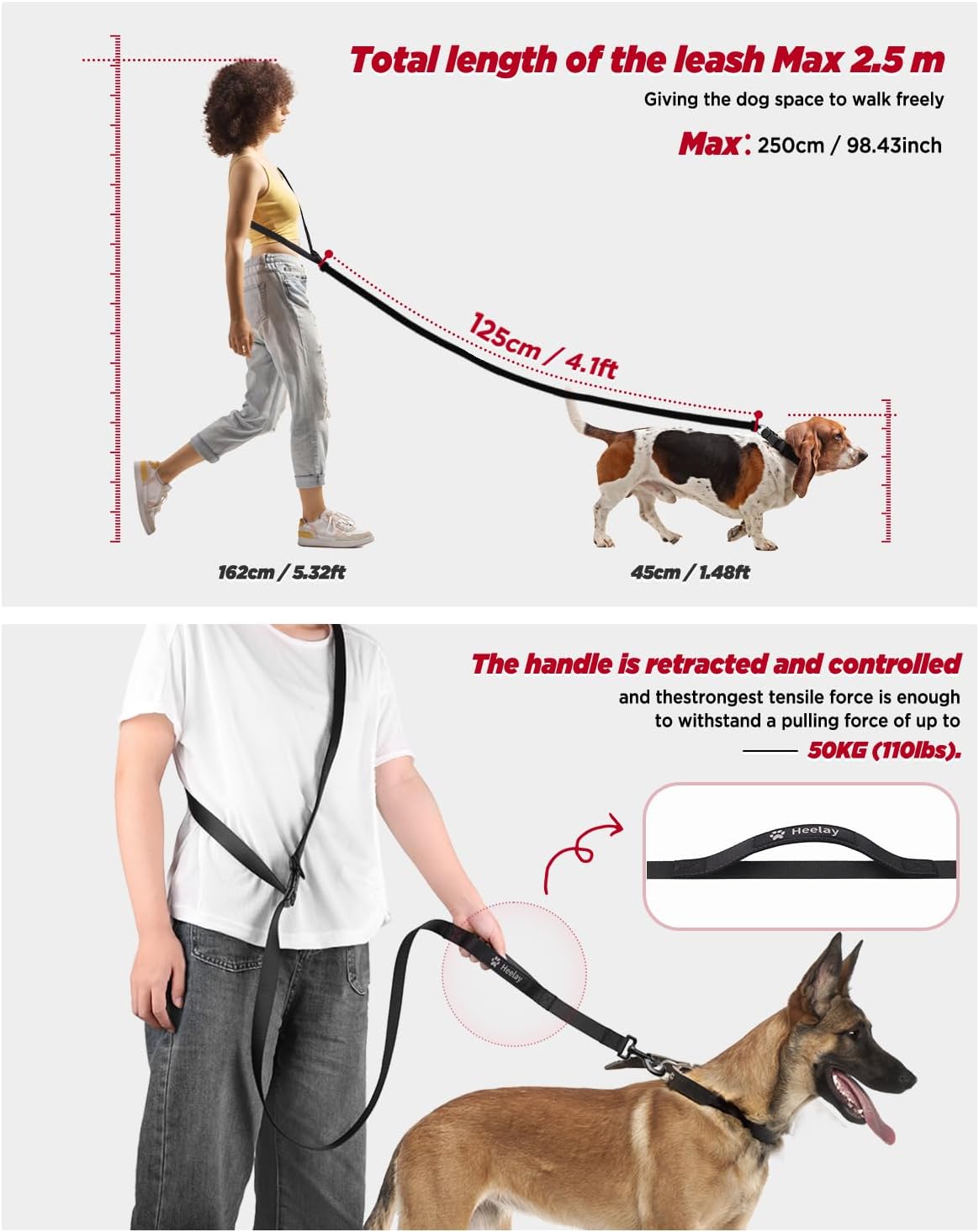 Detalle de Hands Free Dog Lead 2.5M – Adjustable Crossbody Leash with Padded Handle
