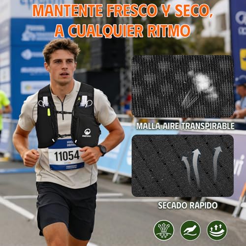 Thumbnail 8 de ONETOALL Chaleco Running con Luz LED y 2 Botellas 500 ml – Hidratación y seguridad para trail