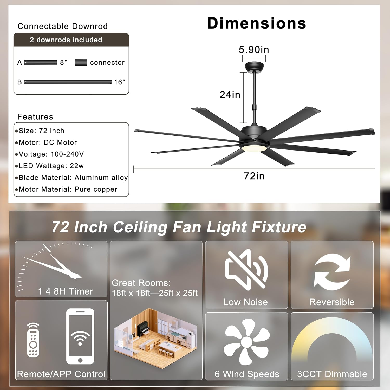 Detalle de Ohniyou GLX072 72-Inch Industrial Ceiling Fan, 8 Aluminum Blades, App & Remote