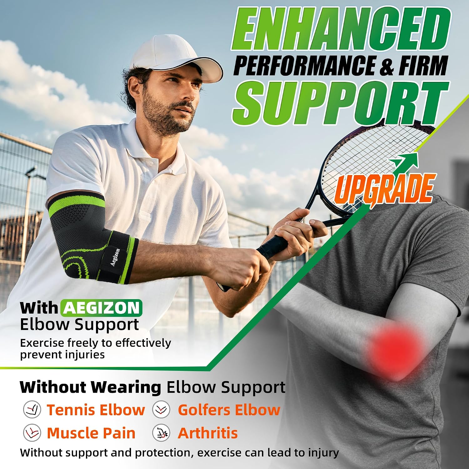 Thumbnail 1 de Aegizon ElbowB-E13-S-BlackGreen Elbow Brace, Size S, Adjustable Nylon Support