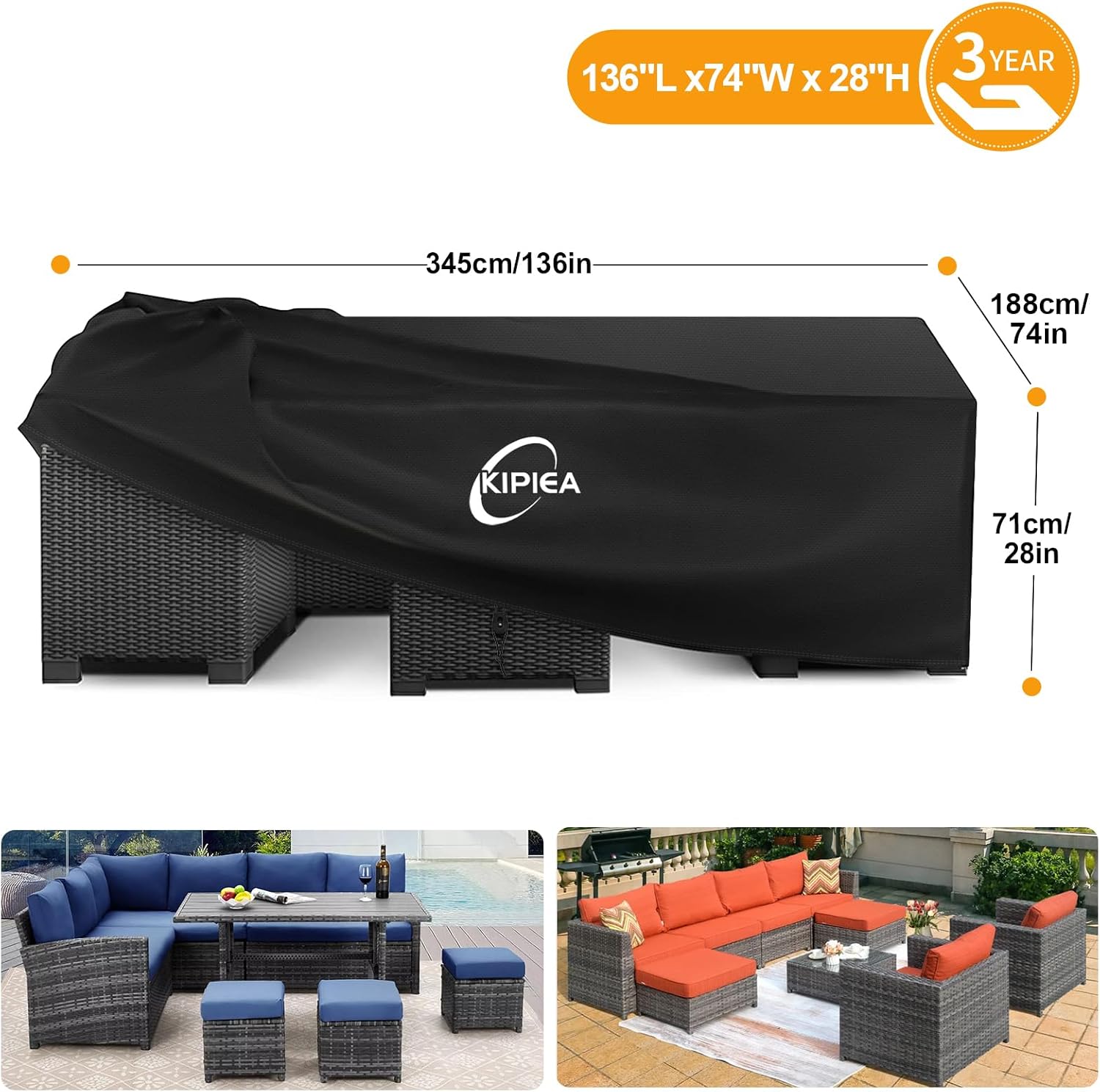 Detalle de Kipiea 136" L x 74" W x 28" H / 345x188x71cm Patio Furniture Cover, 600D Waterproof Oxford