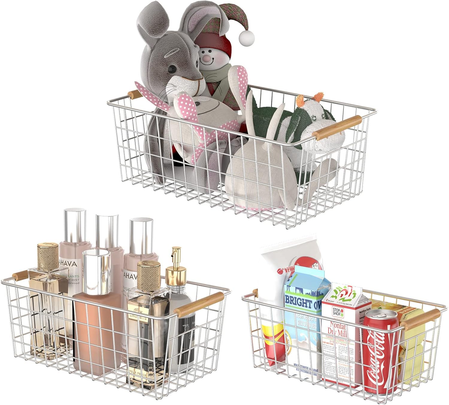 Thumbnail 1 de YOUVIP 3 Pack Wire Storage Baskets with Wooden Handles – Versatile Steel Grid Bins for Pantry, Fridge, Bathroom & More