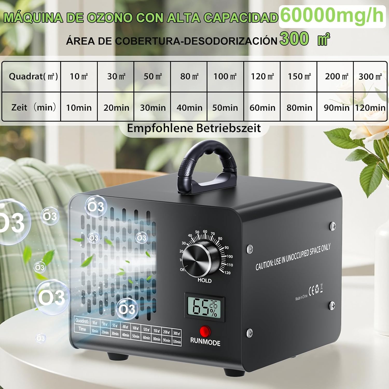 Thumbnail 2 de ENRIPRT Generatore di ozono professionale 60.000 mg/h con indicatore temperatura e umidità e timer 120 minuti (fino a 300 m²)