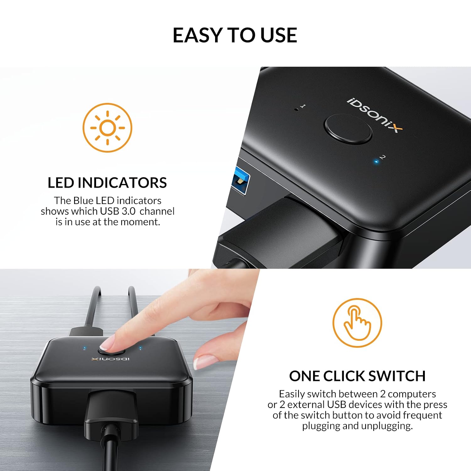 Detalle 1 de iDsonix USB 3.0 Switch für 2 PCs 5 Gbps