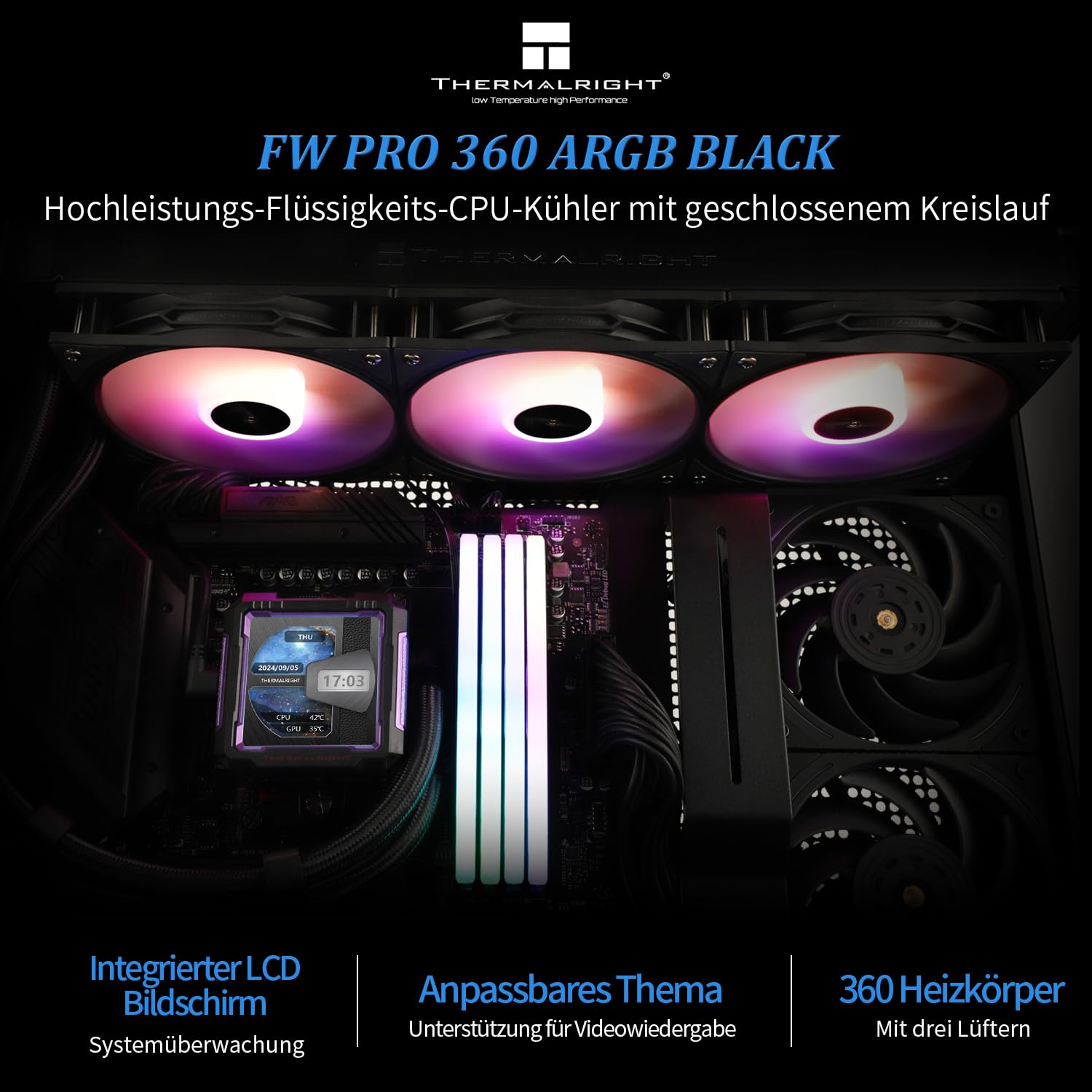 Thumbnail 1 de Thermalright FW PRO 360 ARGB Schwarz-360mm AIO mit 2,73″ IPS-LCD (320×320) für AM4/AM5 & Intel LGA1700/1851