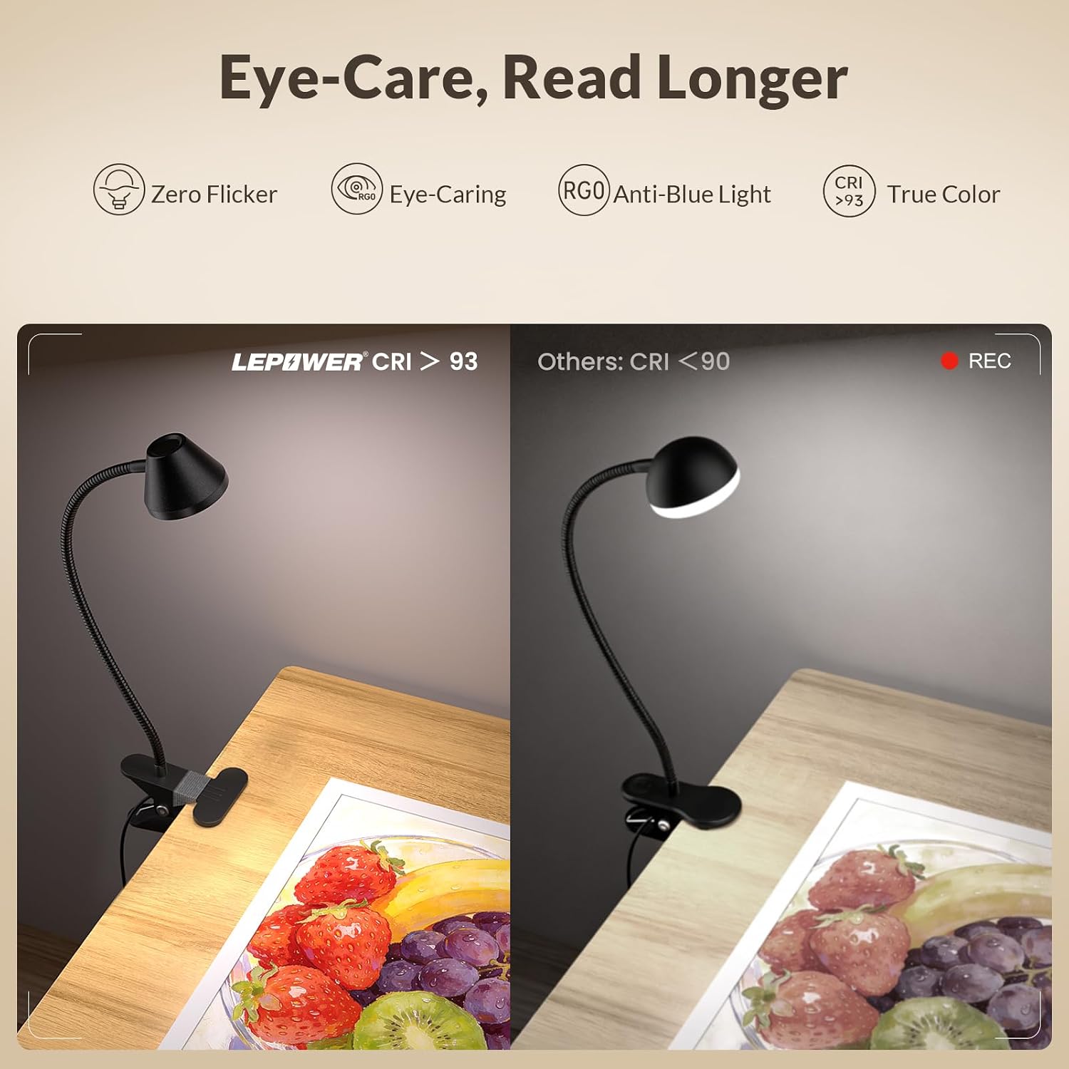 Detalle 1 de LEPOWER Clip-On Reading Light, 400 Lumens, RG0 Lighting, Dimmable Amber Glow