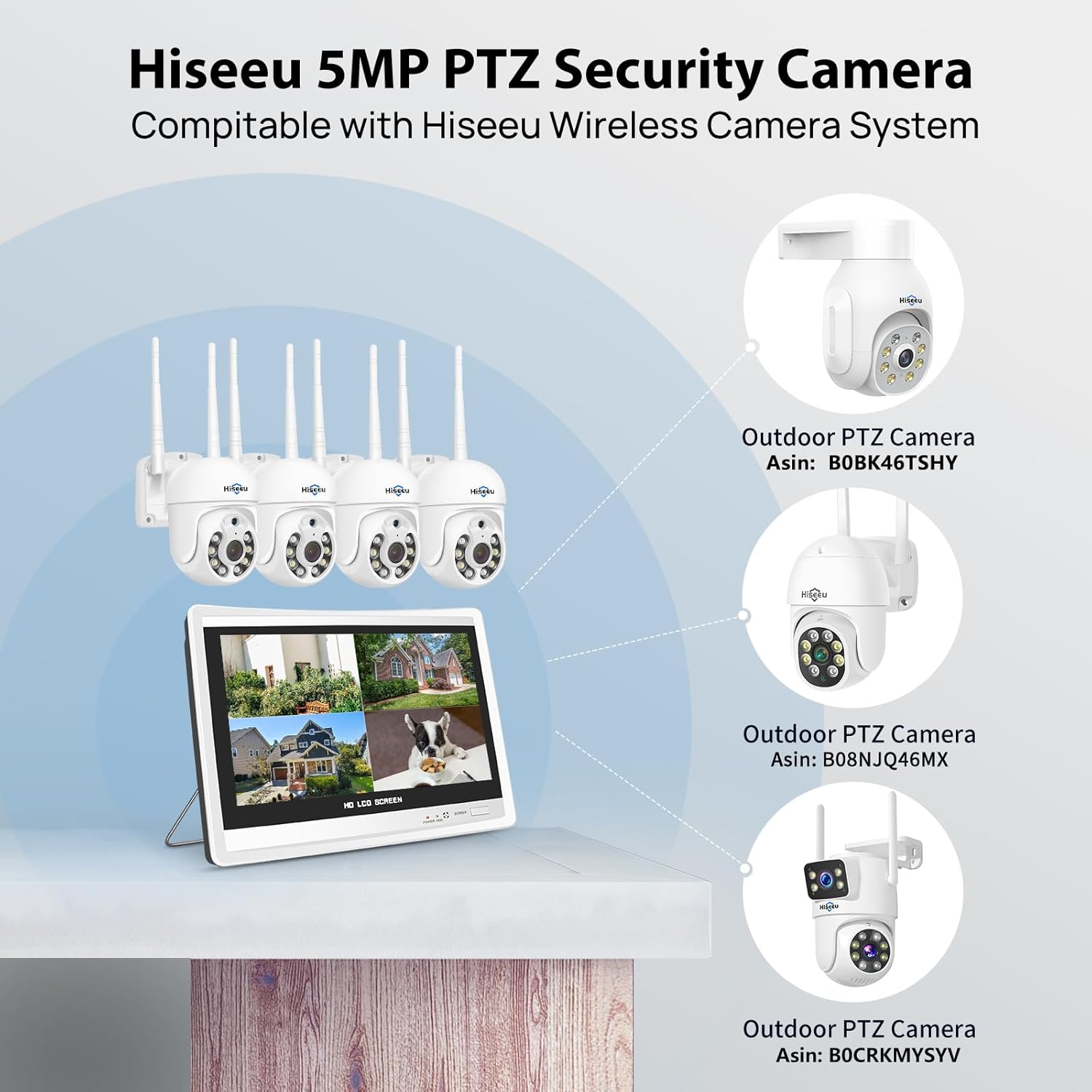 Thumbnail 5 de Hiseeu PTZ+3TB HDD : kit vidéo WiFi 5MP avec 4 caméras PTZ, moniteur 12 pouces et NVR 10CH