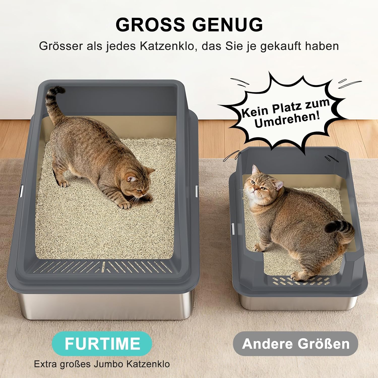 Thumbnail 1 de FURTIME XXXL kattenbak van roestvrij staal, 71 × 51 × 31 cm, met hoge rand