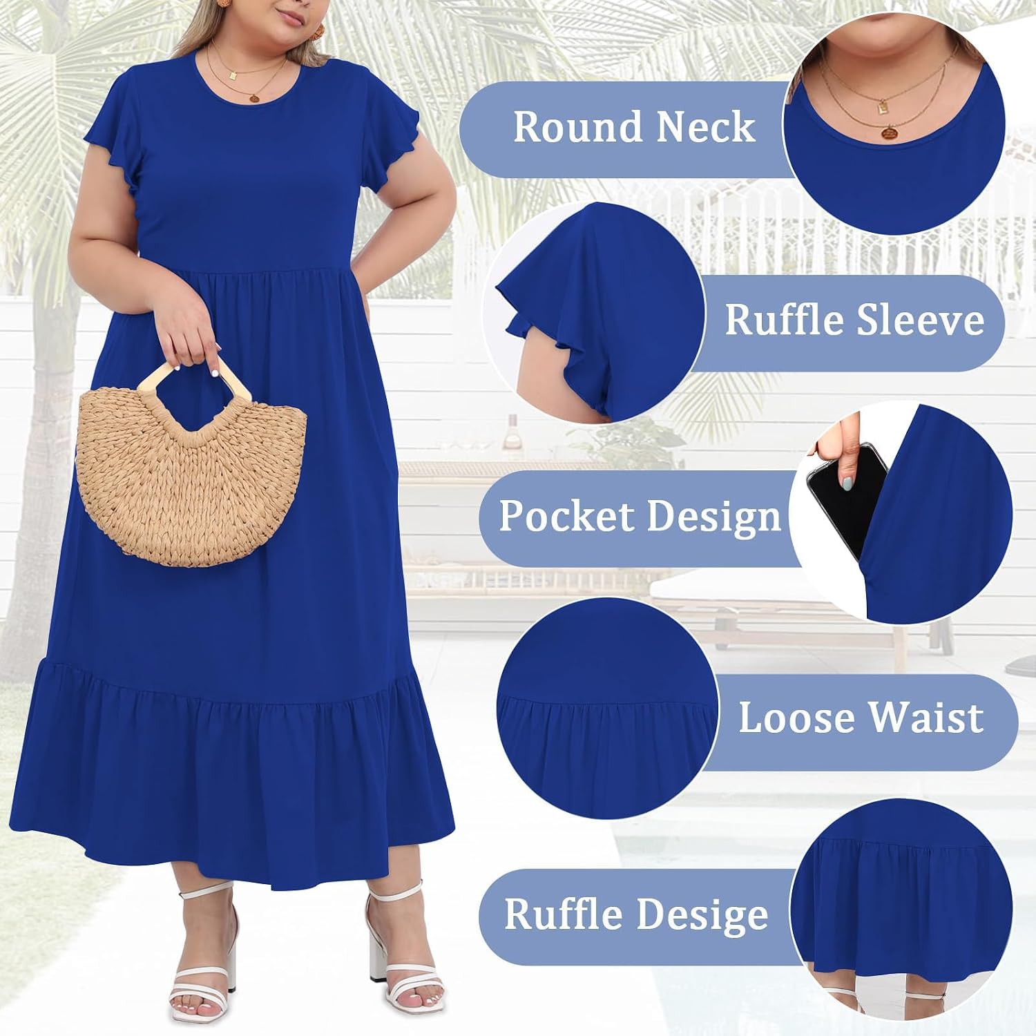 Detalle de Moon Wood Robe d'été Femme Grande Taille - Longue Bohème à Manches Courtes avec Poches