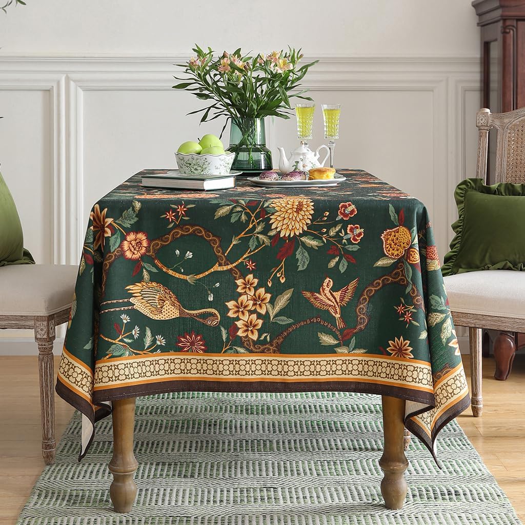 Thumbnail 1 de ISAENNE Designer Linen Green Square Tablecloth 67x67 — Mitchell Floral & Bird Pattern, Heavyweight Linen-Poly Blend