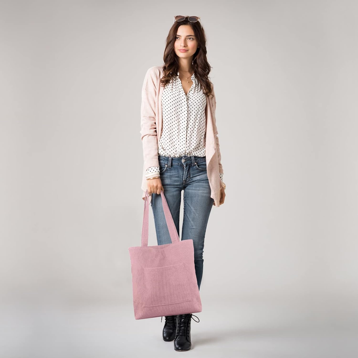 Detalle 2 de Kememo Corduroy Tote Bag with Zip – Large Capacity Hobo/Shoulder Bag with Inner Pockets
