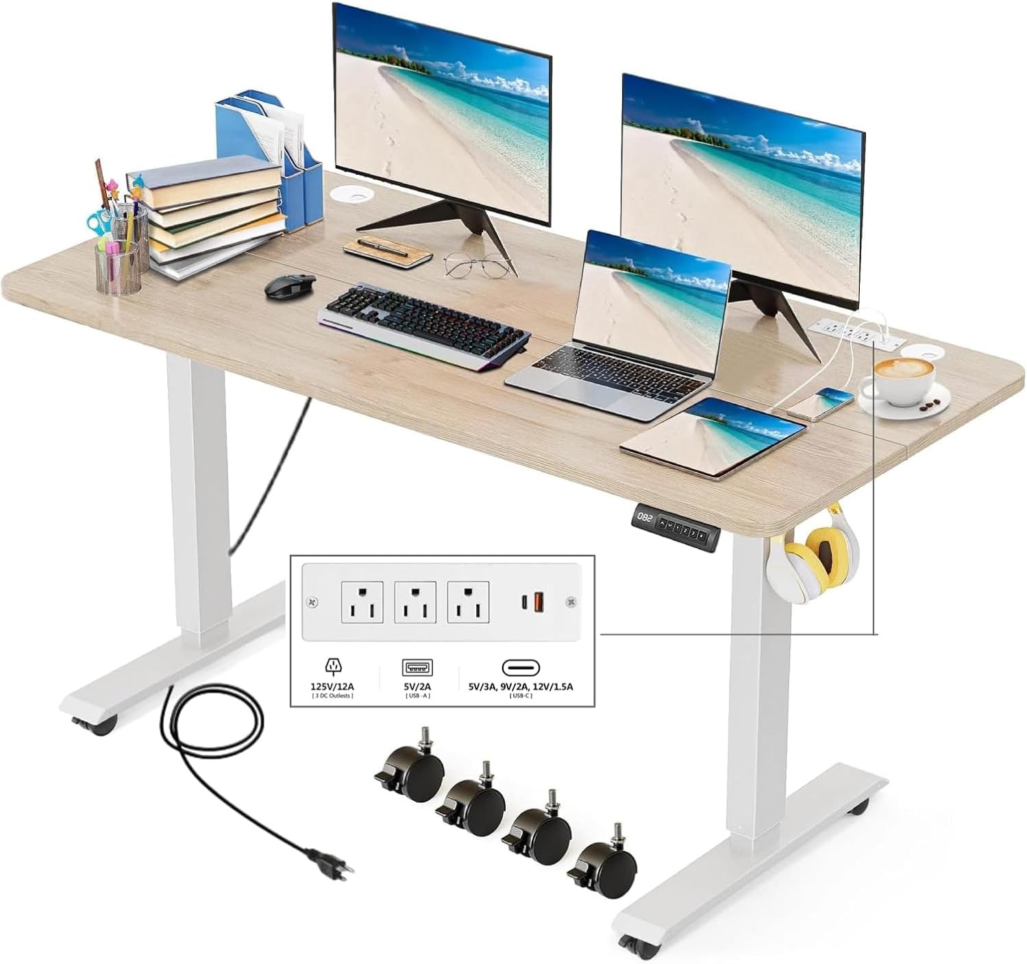 Detalle de KORGOL AMG Electric Standing Desk, 55" x 24", Oak, Outlets & 4 Presets