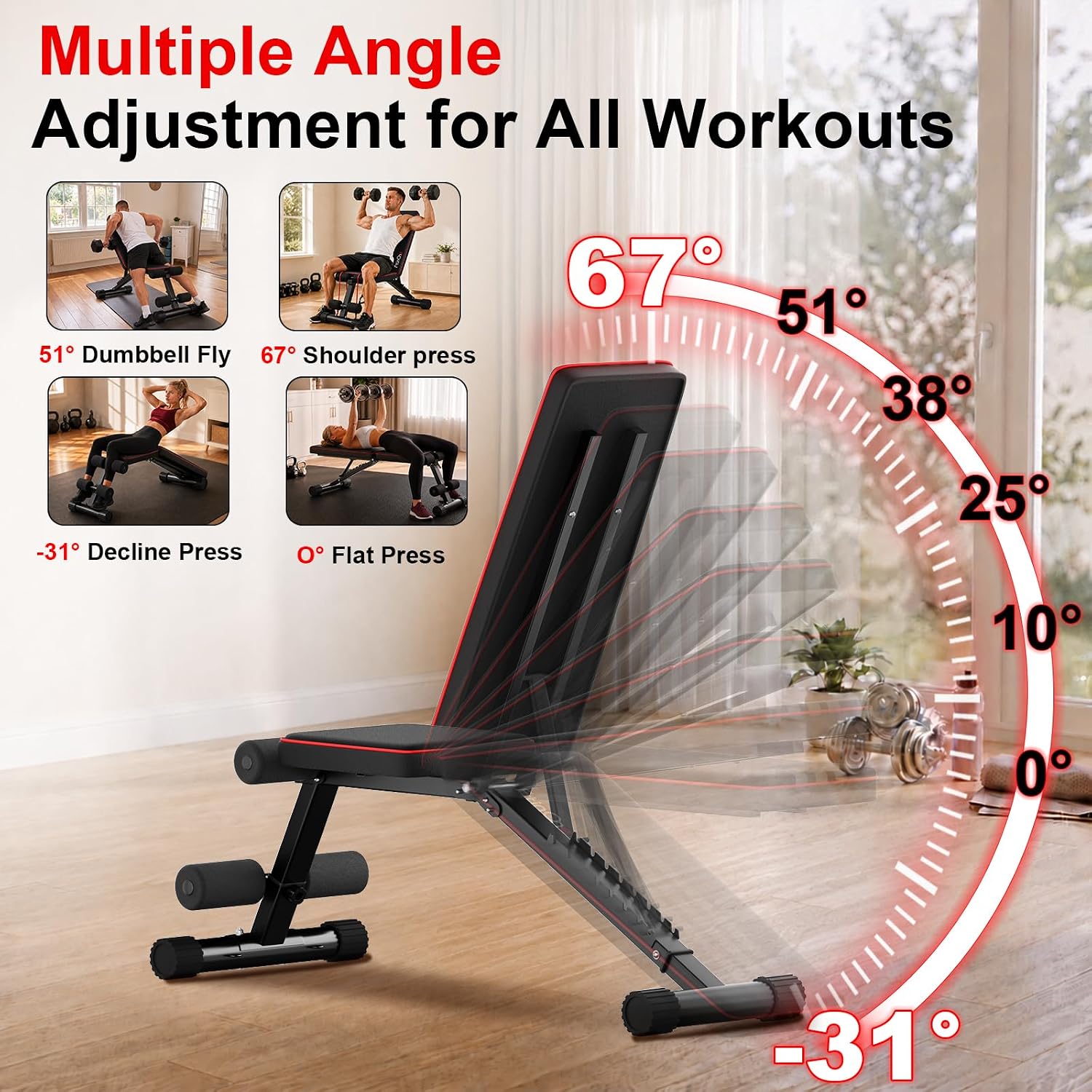 Detalle 2 de FitinOne FIT-002 Adjustable Folding Weight Bench, 660 lb Capacity, Carbon Steel