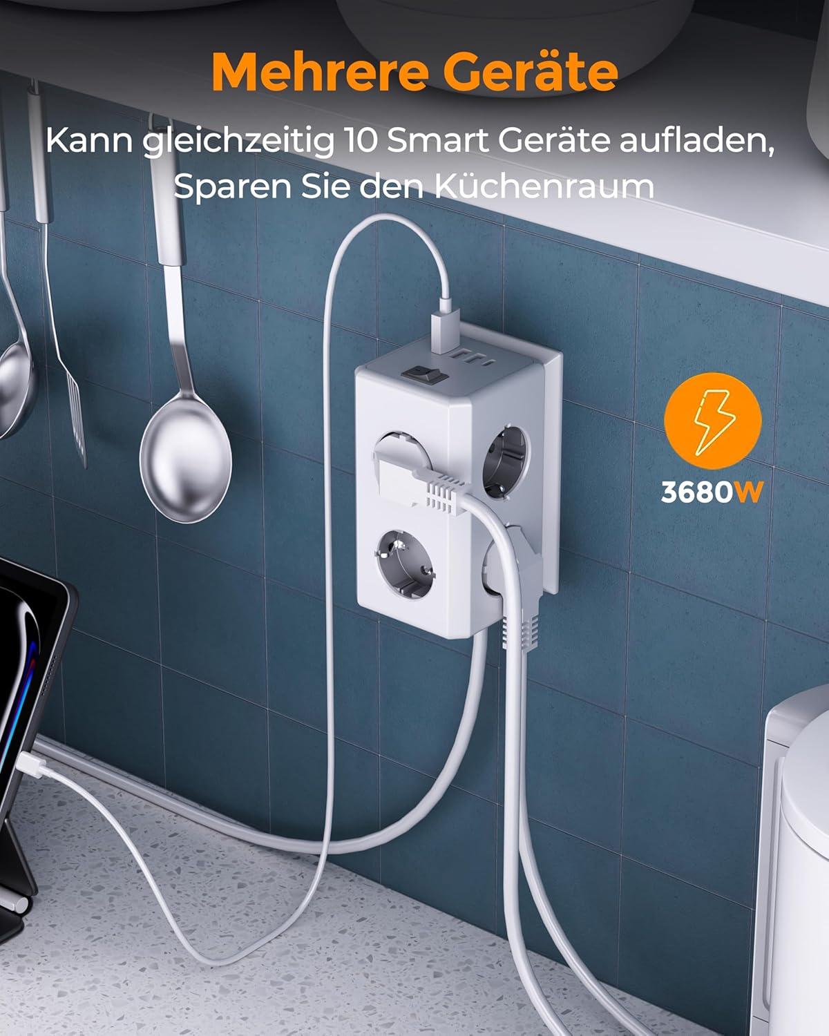 Detalle de Mehrfachsteckdose mit USB – 6-fach, Wandmontage, 3680 W, 1,8 m Kabel, Überspannungsschutz