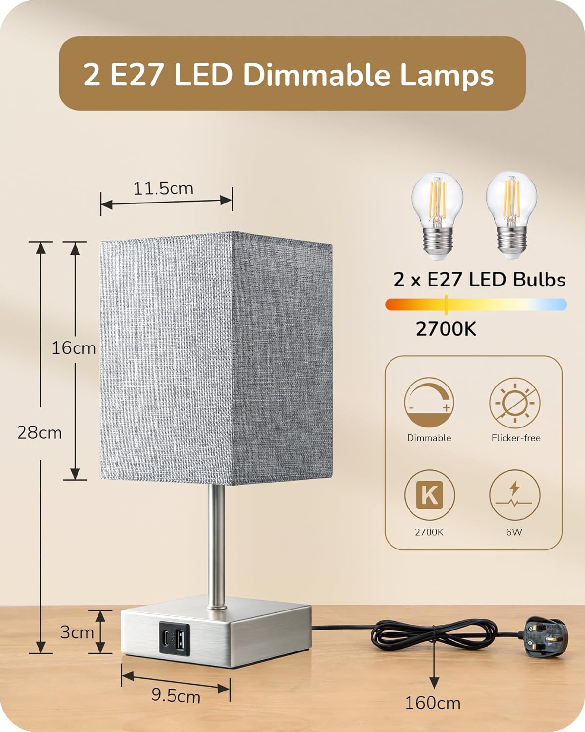 Thumbnail 3 de EDISHINE Bedside Lamps Set of 2