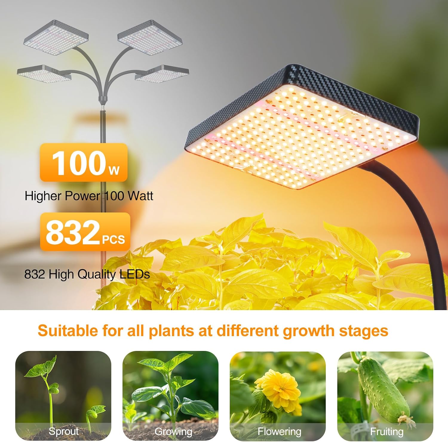 Detalle 1 de FECiDA Zinqolay 76-Inch Standing Grow Light, 4 Heads, Full Spectrum, Timer