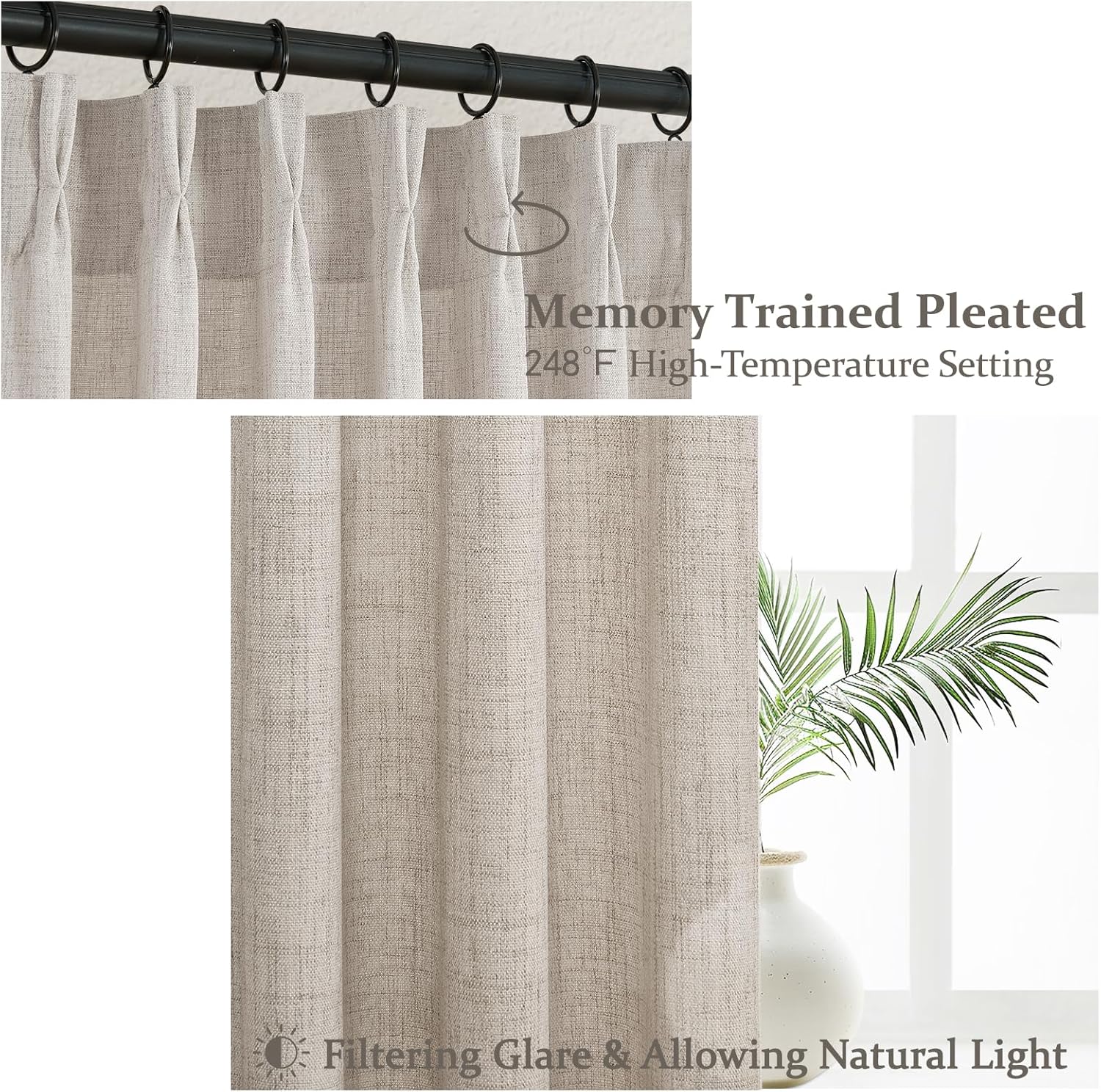 Detalle de Grayish Brown Thick Burlap Semi Sheer Curtains 96 Inches Long – 2 Panels Set
