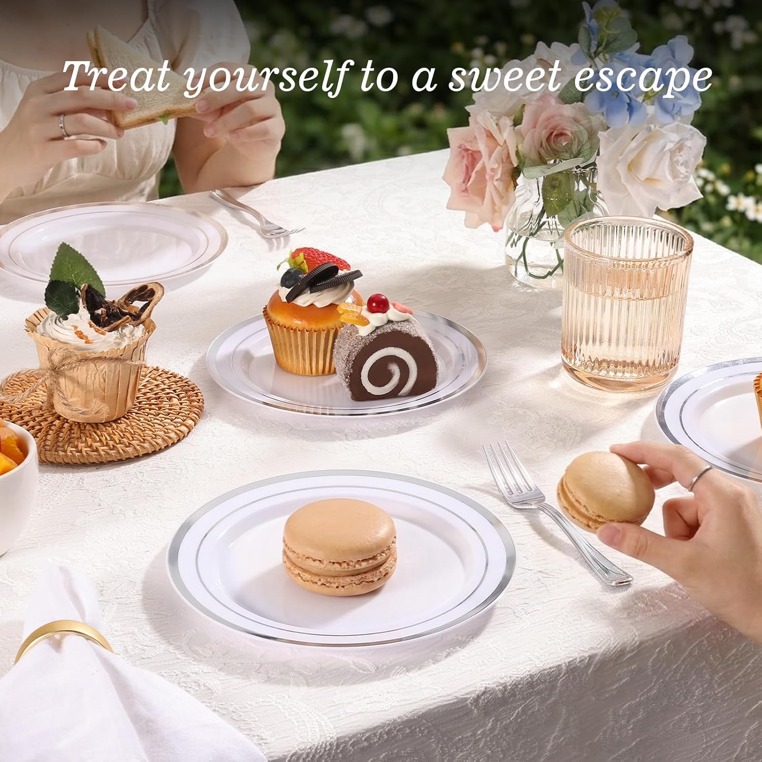 Thumbnail 4 de BESTVIP 100PCS 7 Inch Silver Rim Plastic Dessert Plates