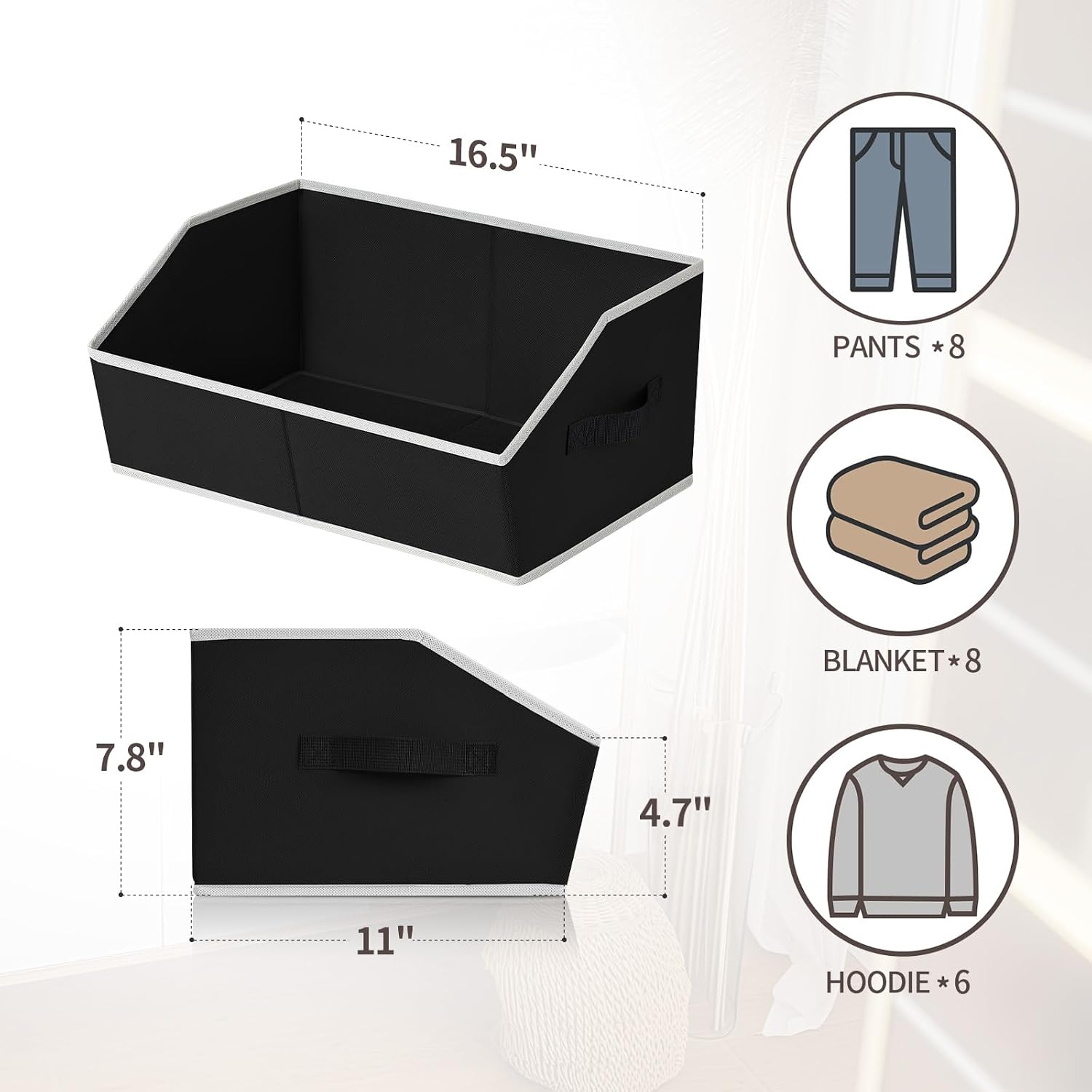 Detalle 2 de Homsorout closet organizer - 4 Trapezoid Storage Bins, 6-Pack, Black Fabric