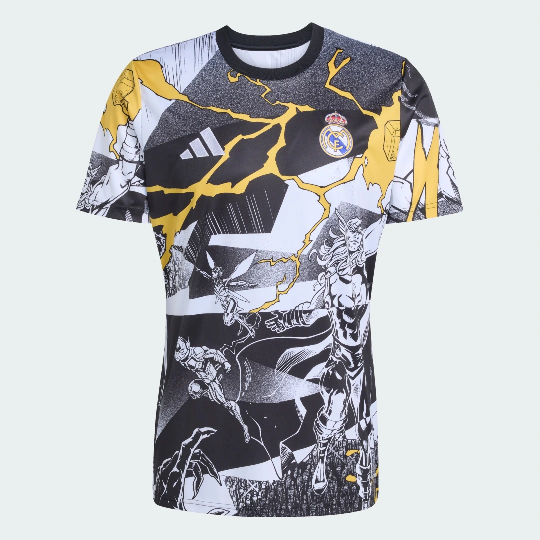 Detalle de Camiseta de calentamiento Adidas Real Madrid Avengers 25/26 – color Blanco