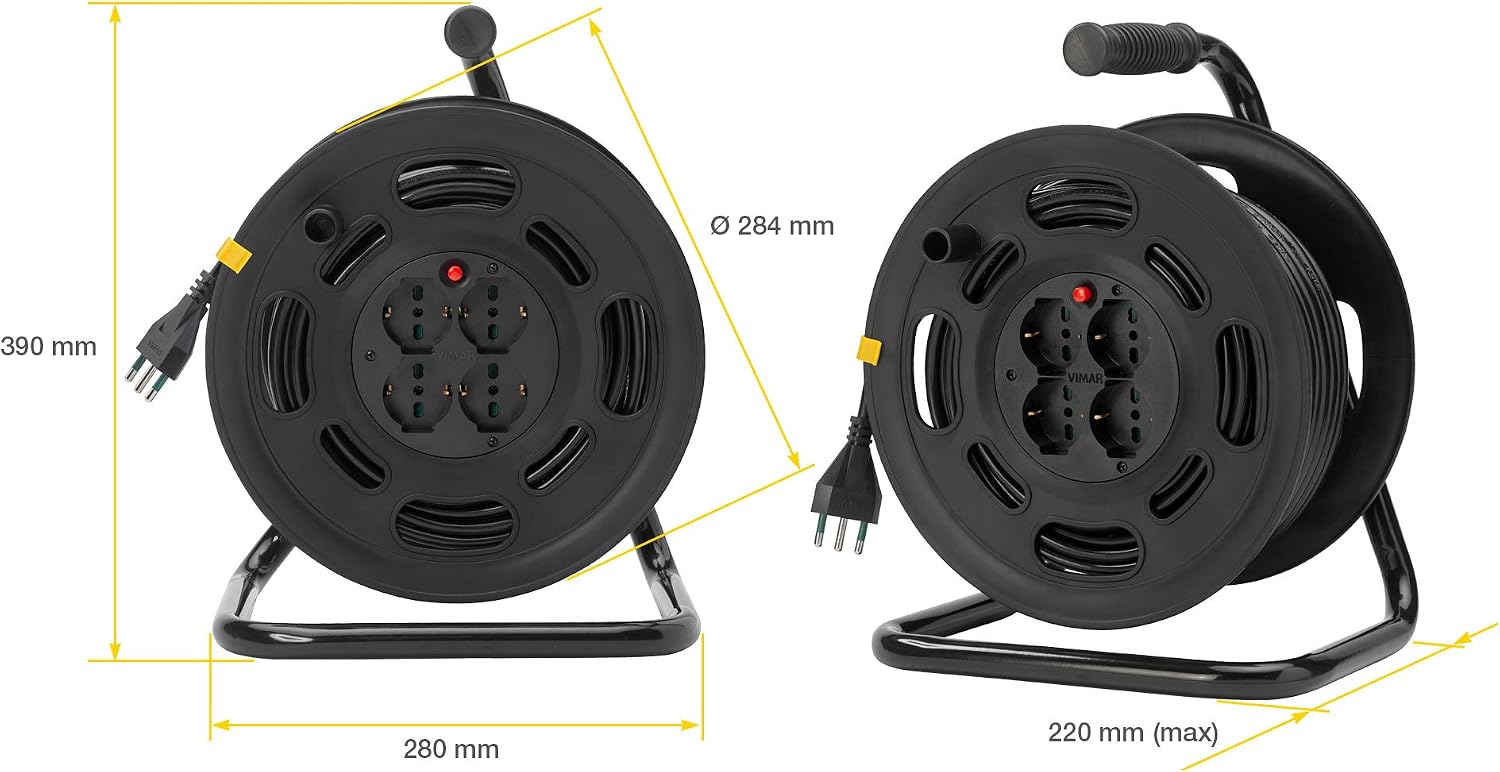 Detalle de VIMAR 0P32733 Avvolgicavo 2P+T 16A 230V con Disgiuntore Termico di Protezione – Multicolore