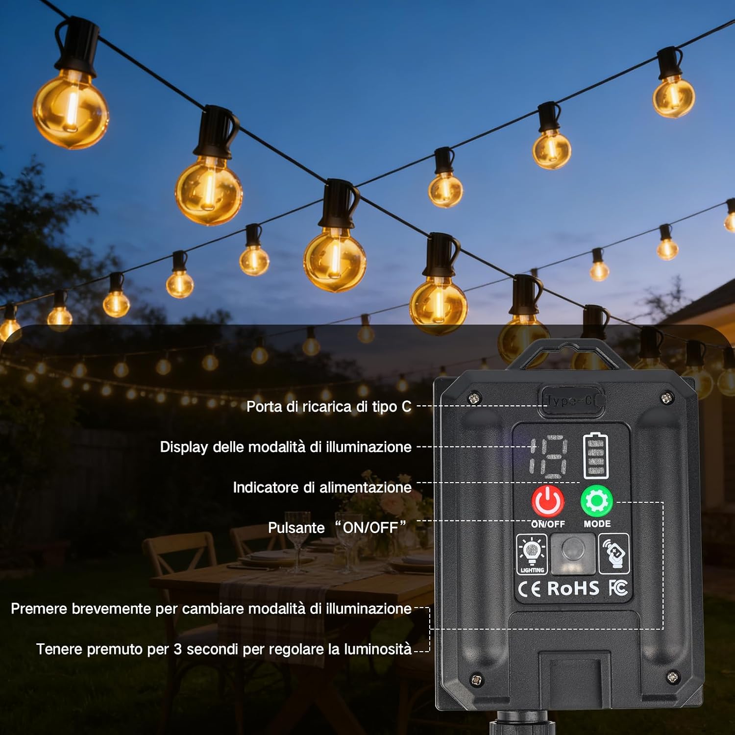 Detalle de Catena Luminosa Esterno Solare 15M con Telecomando e 18 Lucine G40 – IP65, Dimmerabile