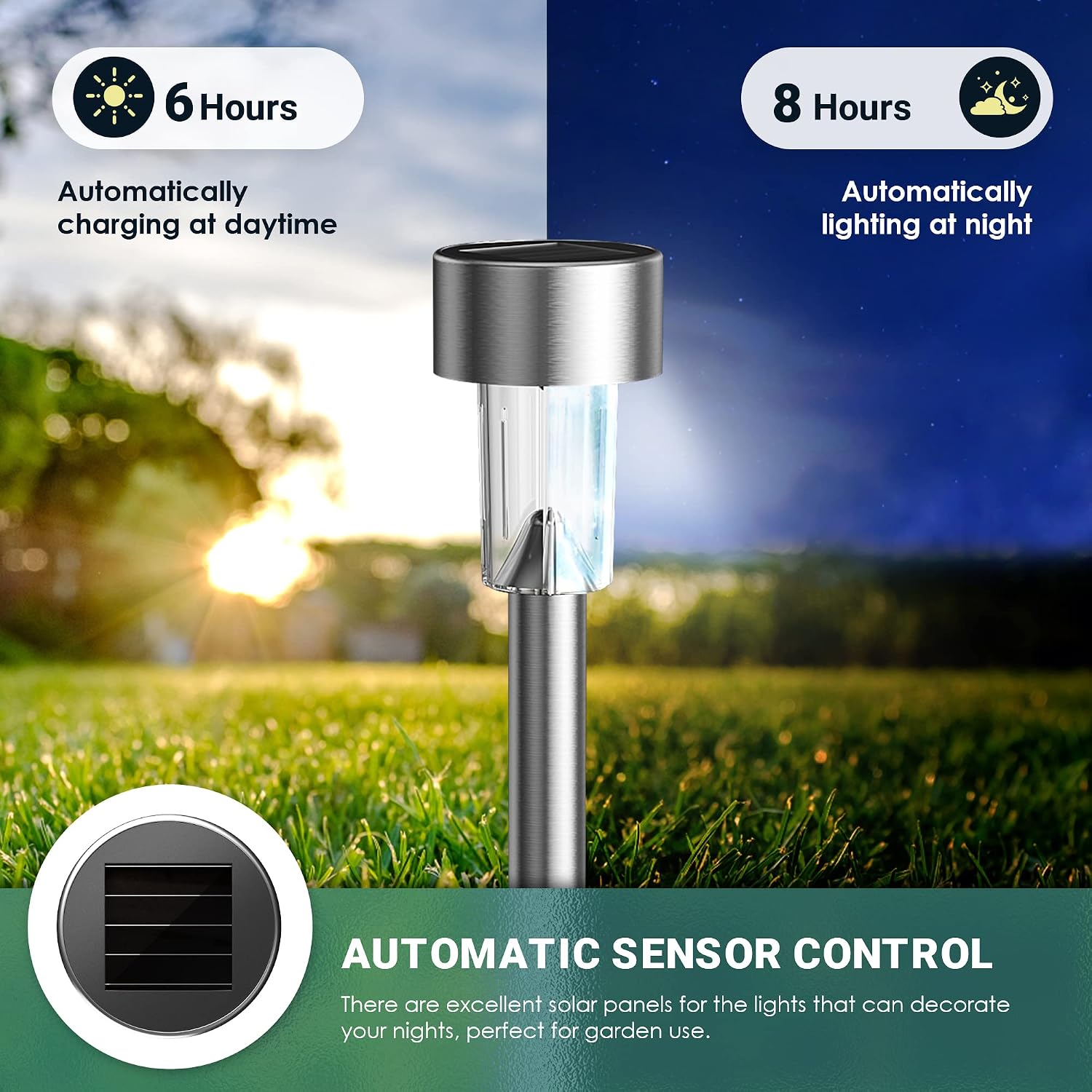 Detalle 2 de GIGALUMI 16-Pack Solar Pathway Lights, Stainless Steel, Cold White