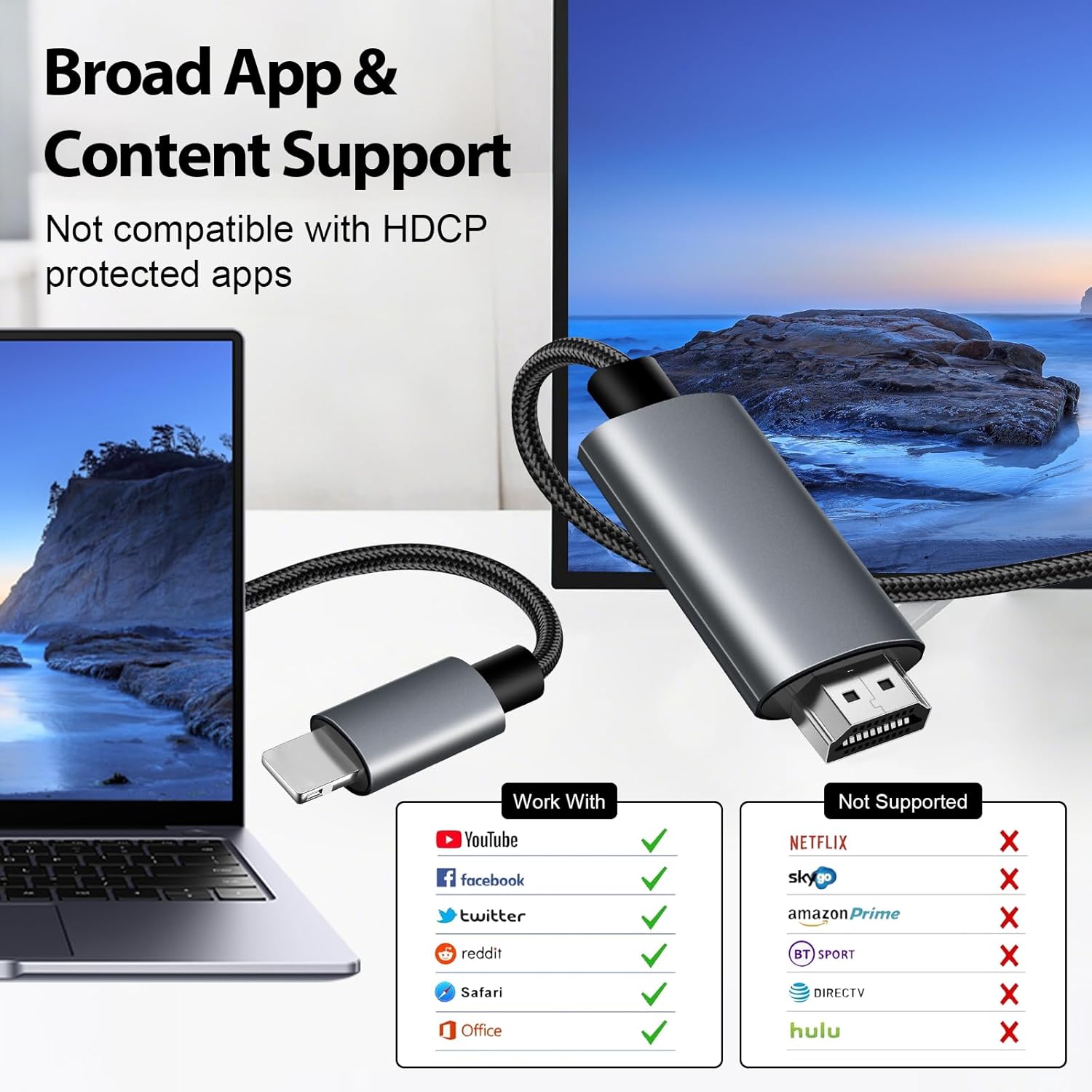 Thumbnail 5 de APKLVSR Câble HDMI Lightning vers TV – 2 m, 1080p, Plug & Play pour iPhone et iPad