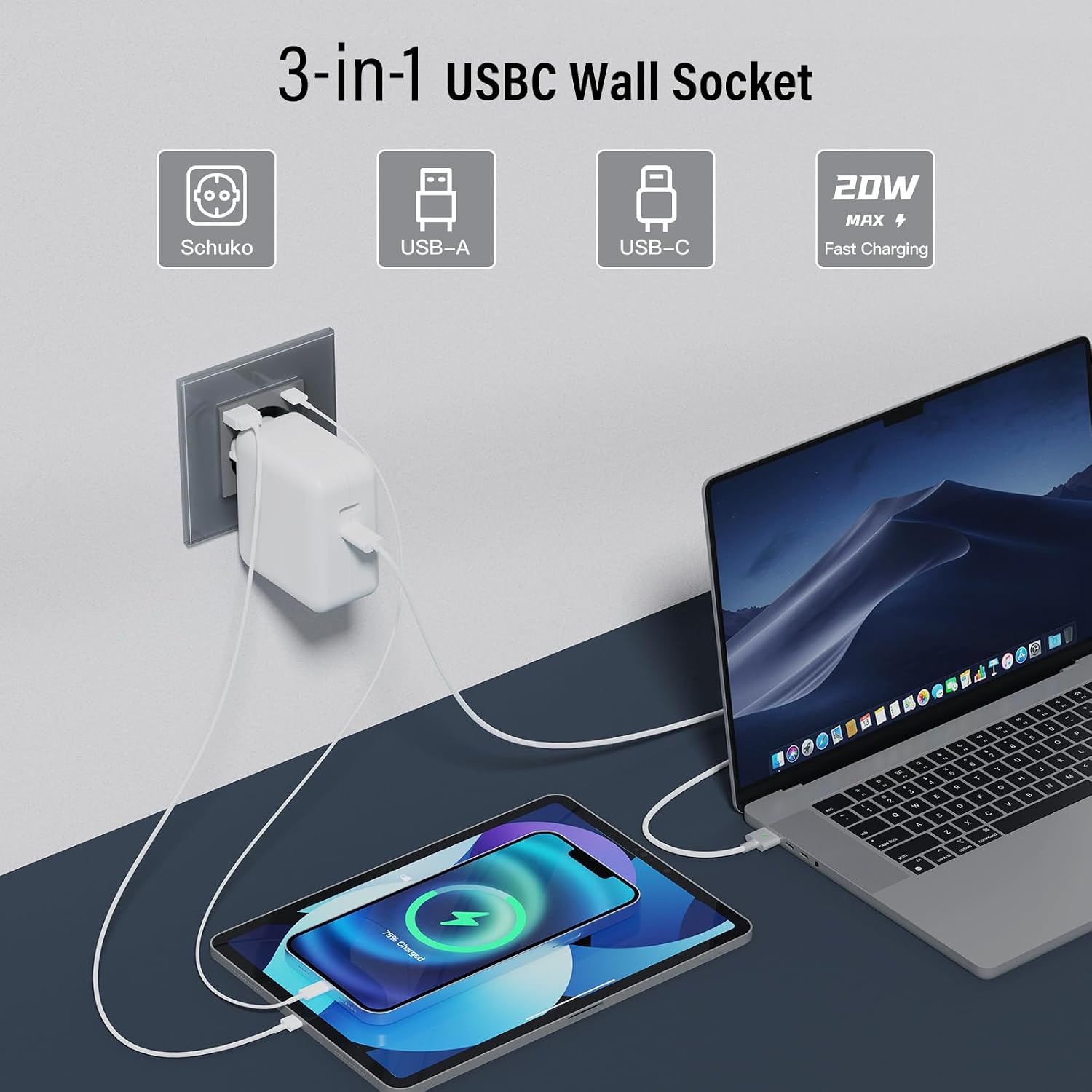 Detalle 2 de BSEED Glas 20W USB C 3in1 Steckdose 2er Pack