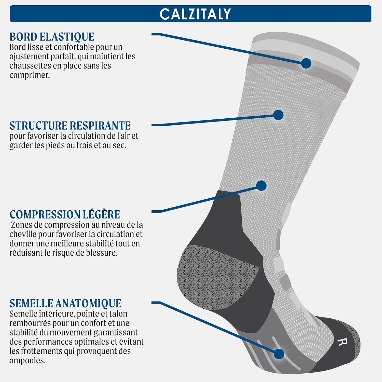Detalle de CALZITALY Chaussettes de Sport Dryarn - 1 ou 3 paires, R et G, compression légère, Made in Italy