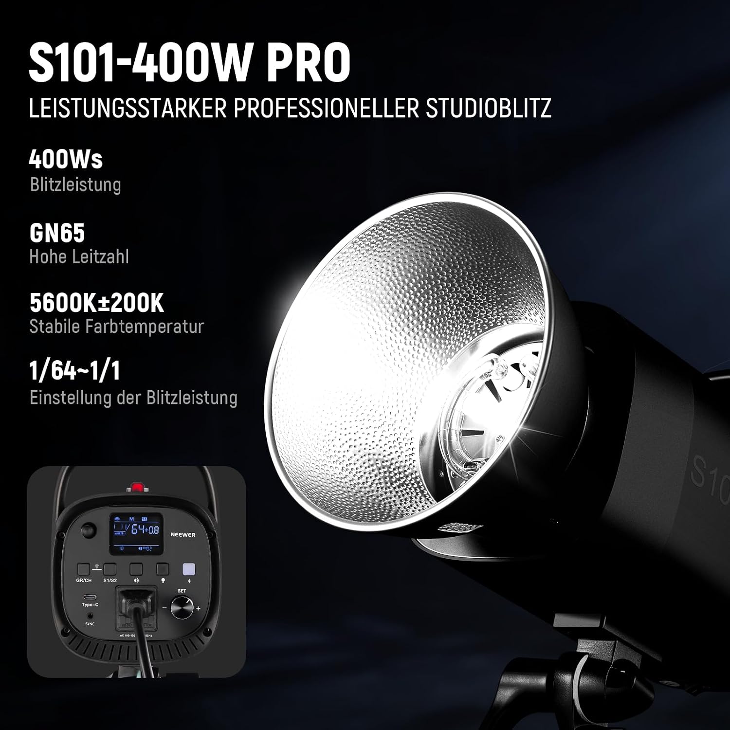 Detalle 2 de NEEWER 800Ws Studio Monolight S101-400W PRO Blitz-Set (2er-Pack) mit 2,4G Auslösern, Bowens Mount und Softboxen