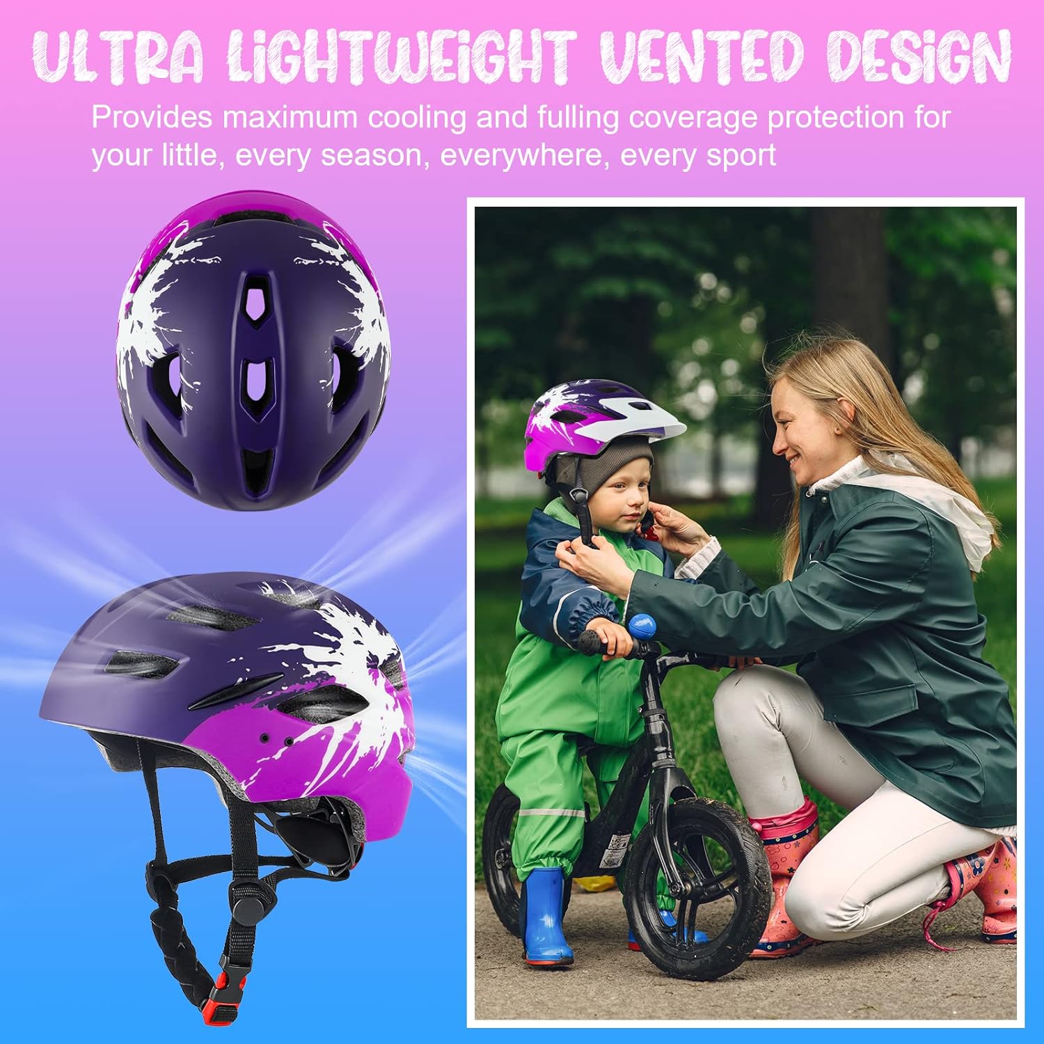 Detalle 2 de RaMokey Casque de vélo léger pour enfants – réglable 48-56 cm, feu arrière et visière amovible