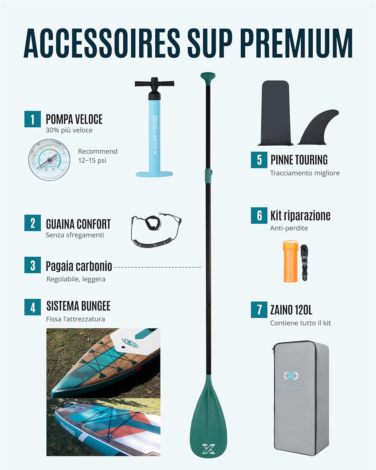 Thumbnail 6 de ZLX Sup Gonfiabile 350x83 cm: tavola SUP Touring con accessori completi