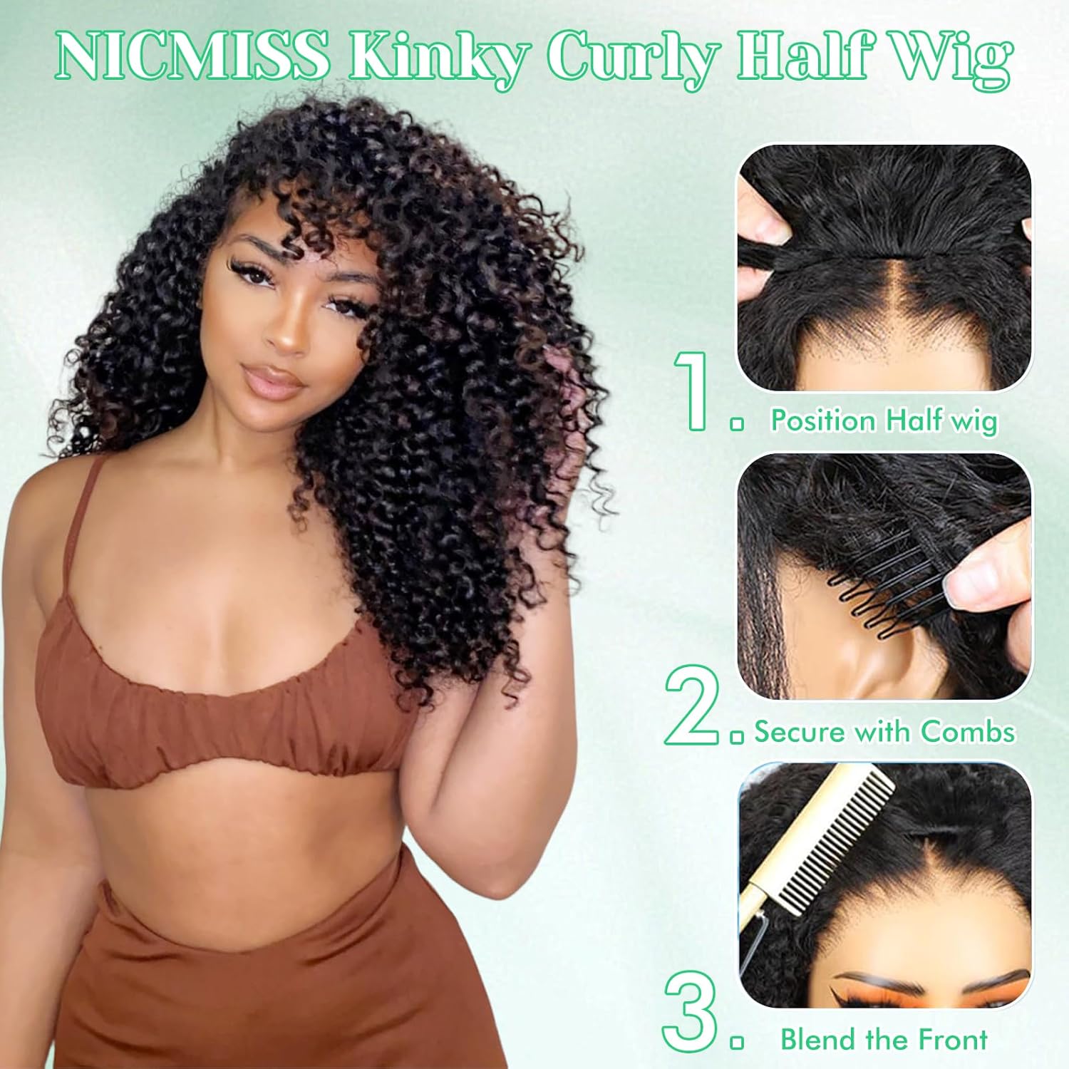 Thumbnail 2 de NICMISS Half Wig brésilienne Kinky Curly en cheveux humains 3-en-1 sans colle, 180% densité, 18 pouces
